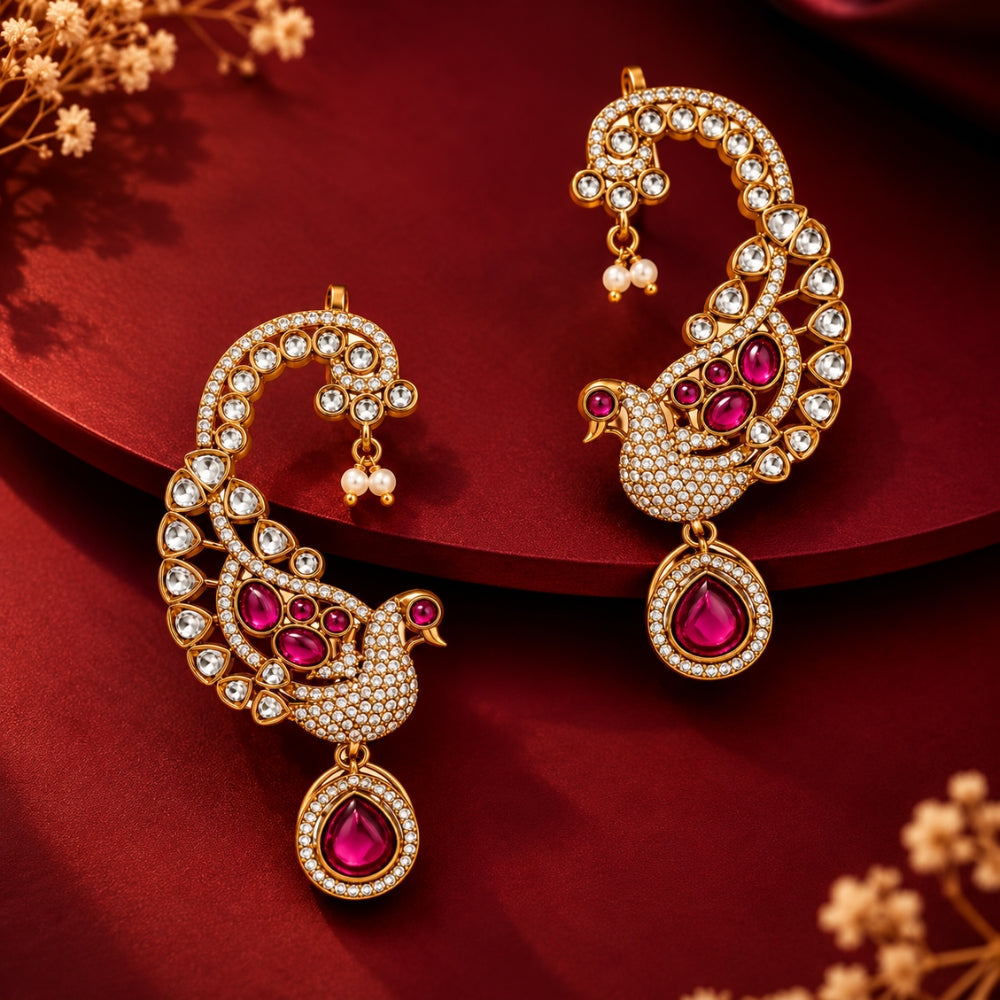 Mayurali - Pink Peacock Ear Cuff Earrings