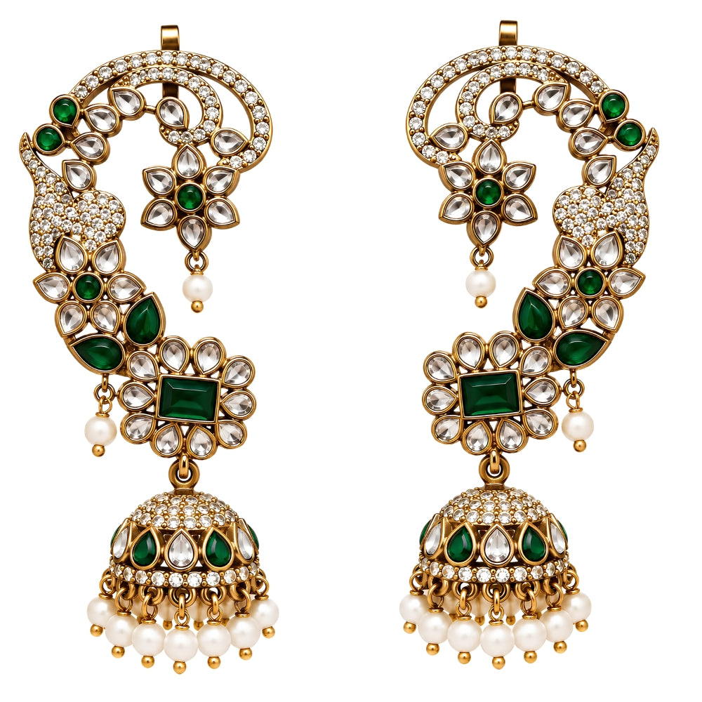 Pushpika - Green Floral Jhumka Ear Cuff Earrings
