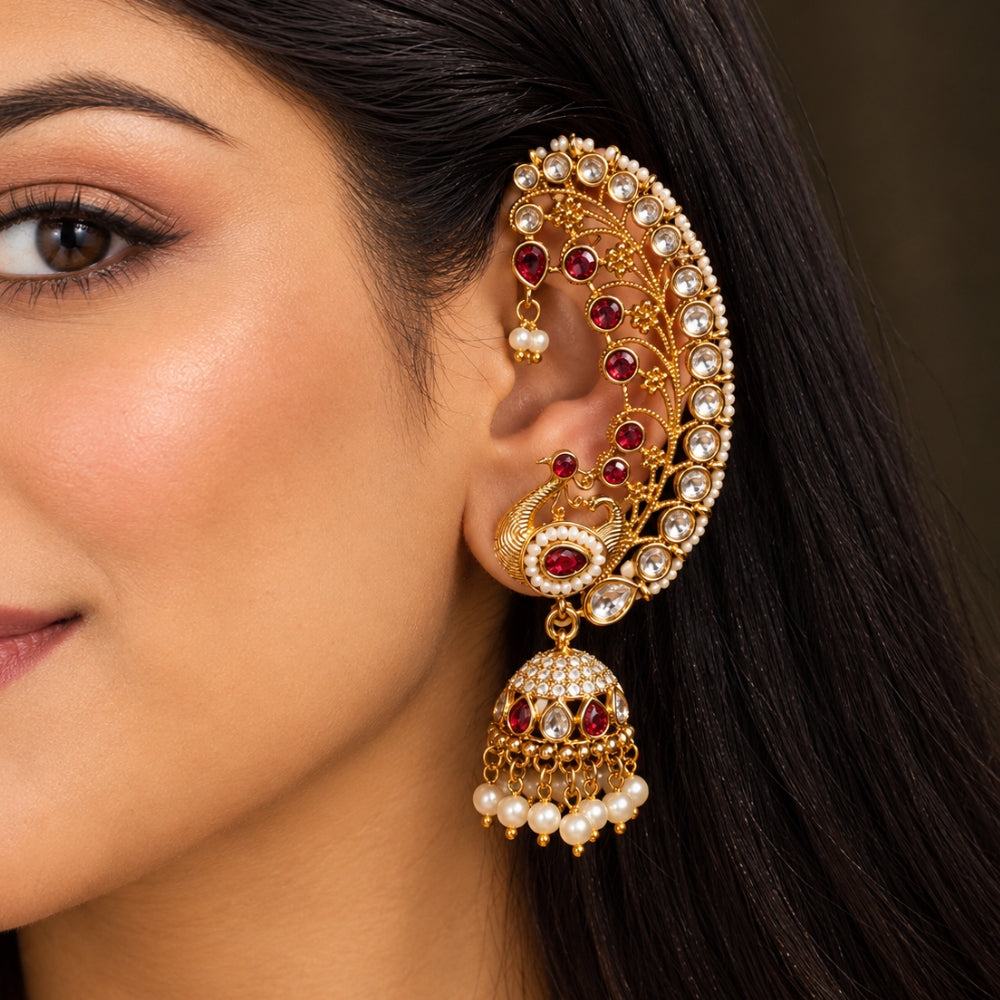 Vandya- Maroon Peacock Jhumka Ear Cuff Earrings