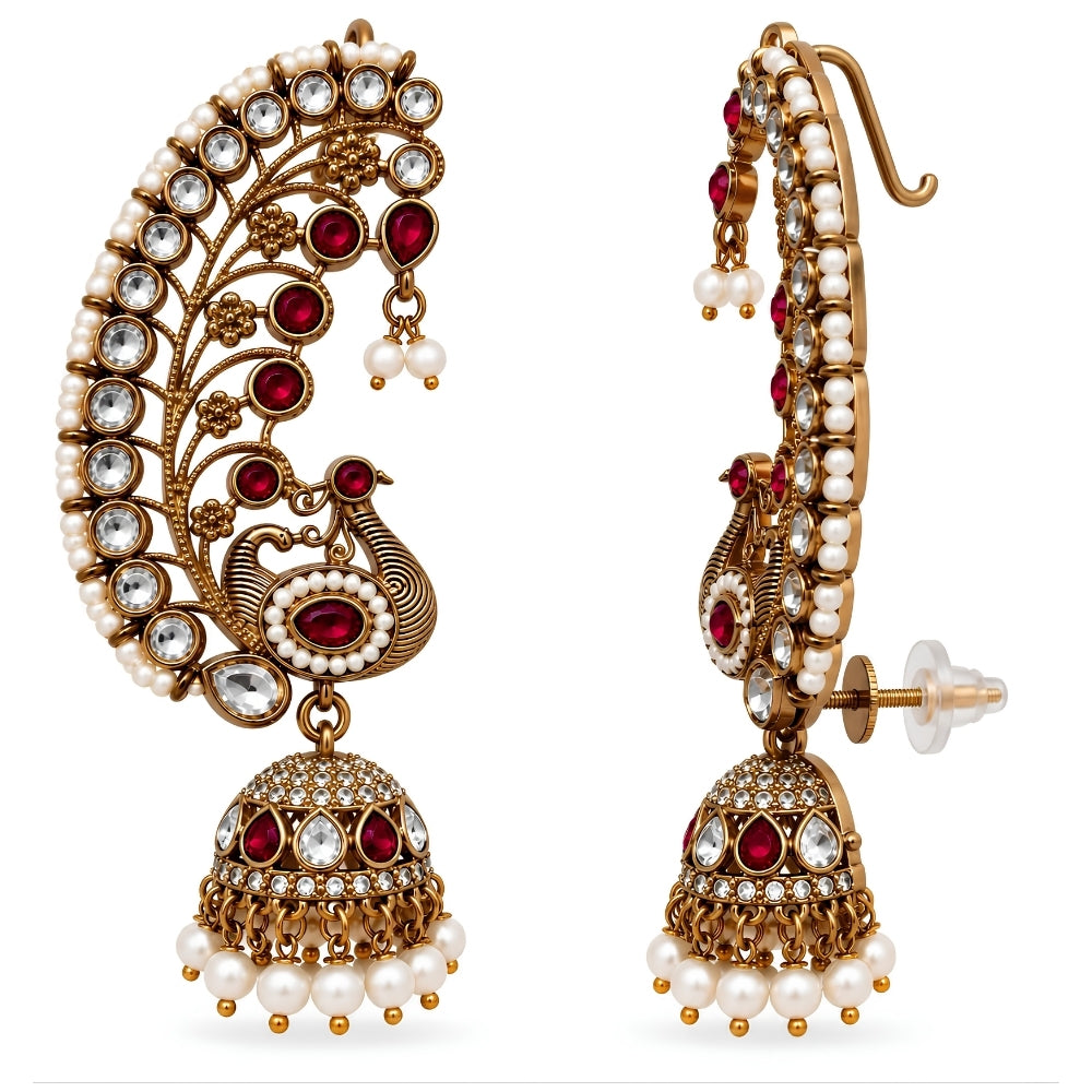Vandya- Maroon Peacock Jhumka Ear Cuff Earrings