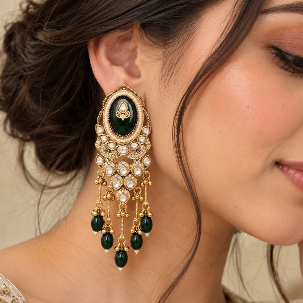 vedisha- Green Kundan Heritage Long Drop Earrings