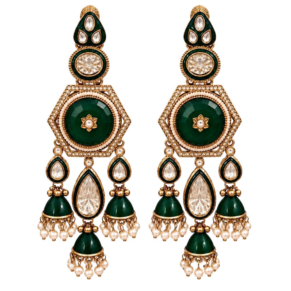 vaarahi- Green Kundan Heritage Jhumka Earrings