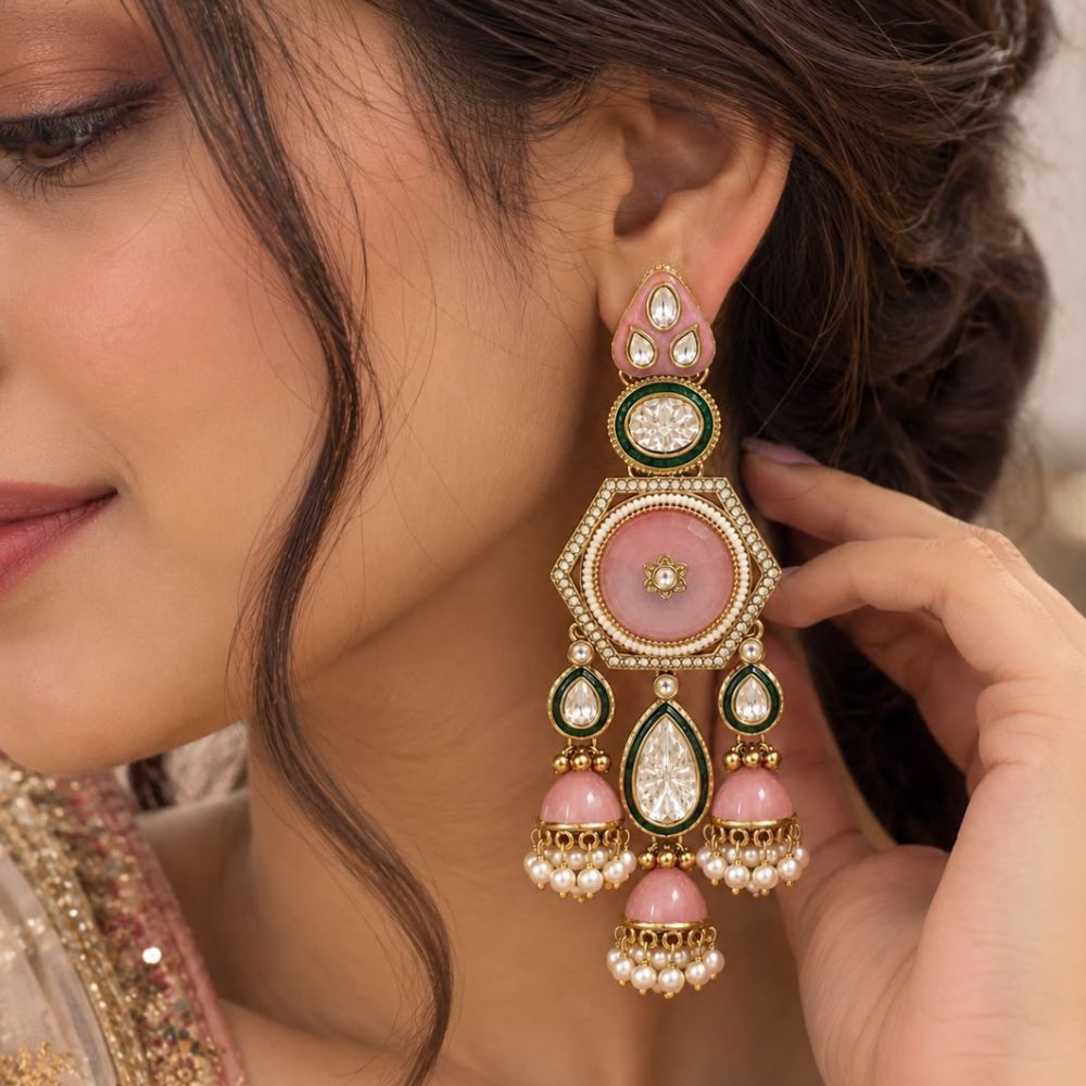 Vaarahi- pink Kundan Heritage Jhumka Earrings
