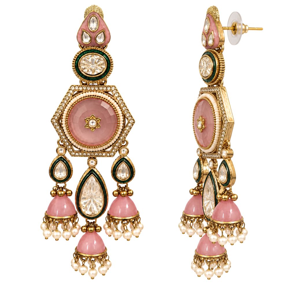 Vaarahi- pink Kundan Heritage Jhumka Earrings