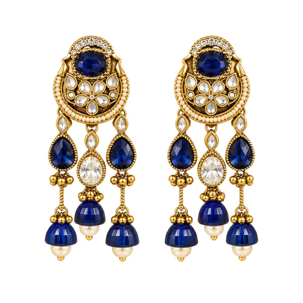 Yachi- Blue Kundan Heritage Drop Earrings