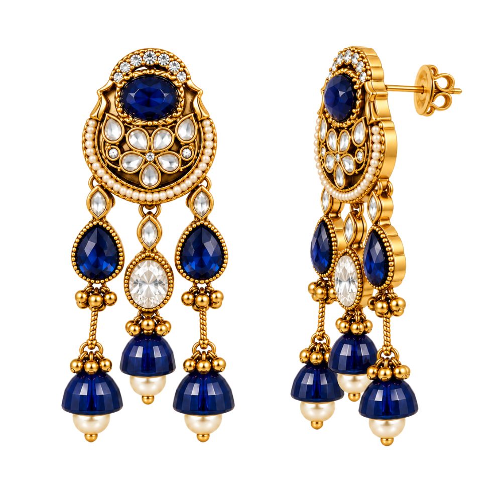 Yachi- Blue Kundan Heritage Drop Earrings