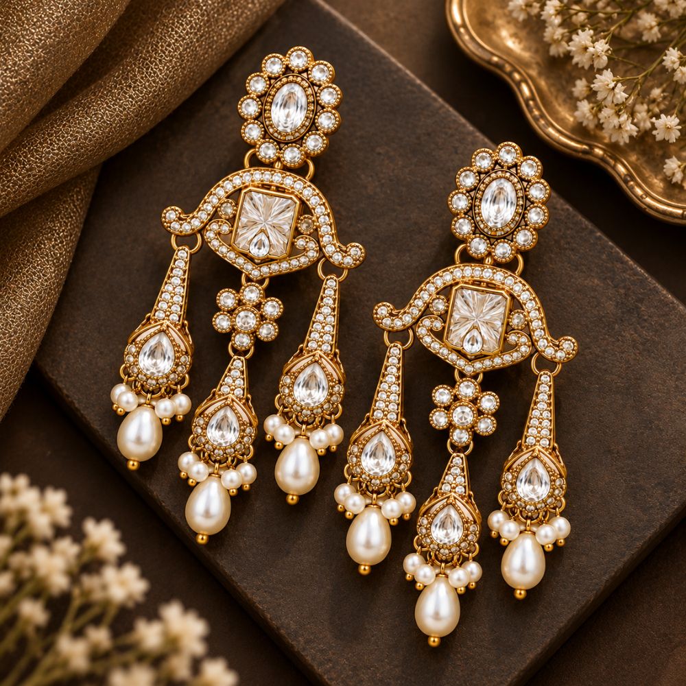 Shreesha- White Stone Pearl Heritage Drop Earrings