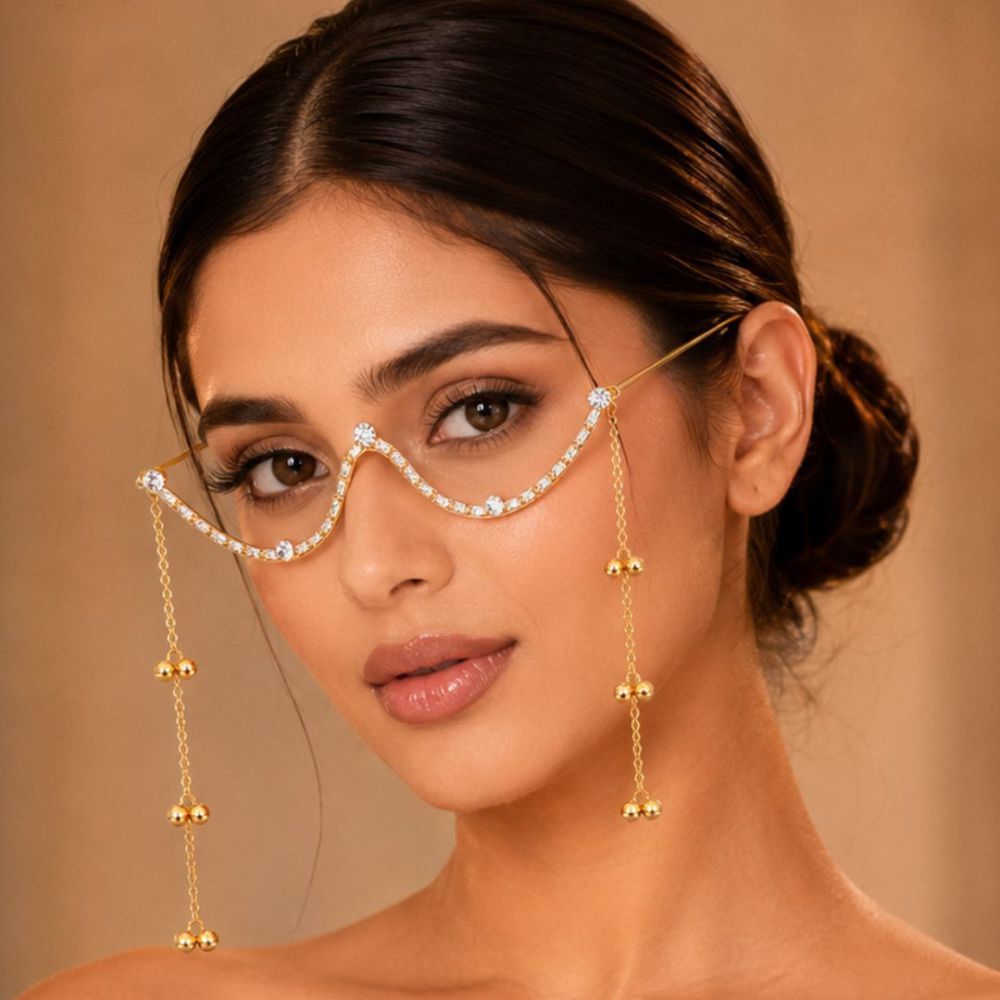 Ayukta- Gold-Toned Crystal Curve Facelet with Tassel Chains