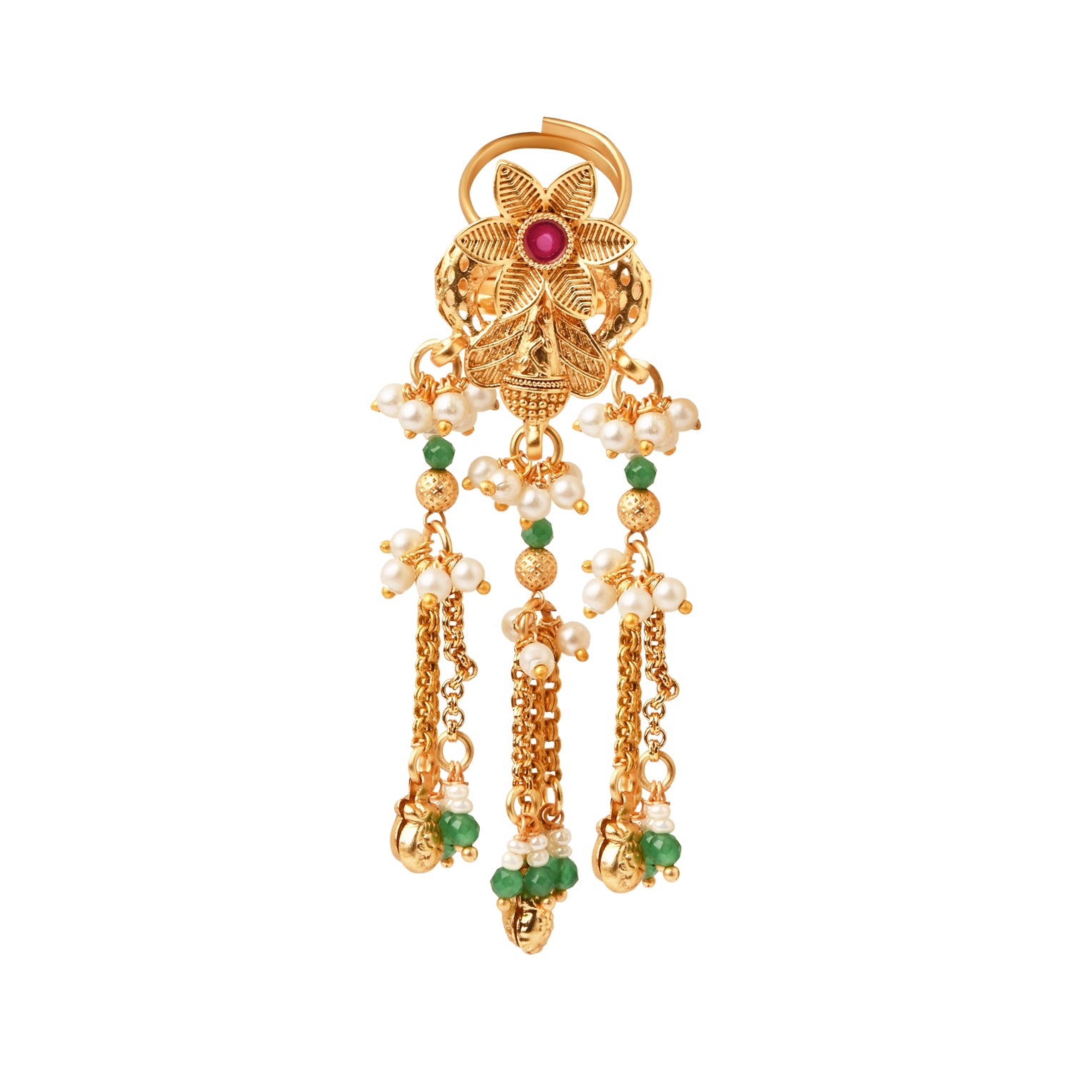 Ziyaana- Floral Tassel Finger Ring with Pearl & Emerald Beads