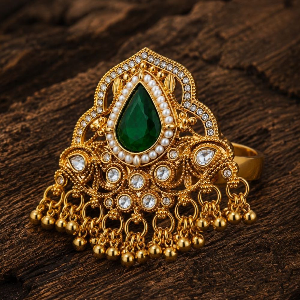 Charvi- Green Teardrop Stone Heritage Latkan Ring