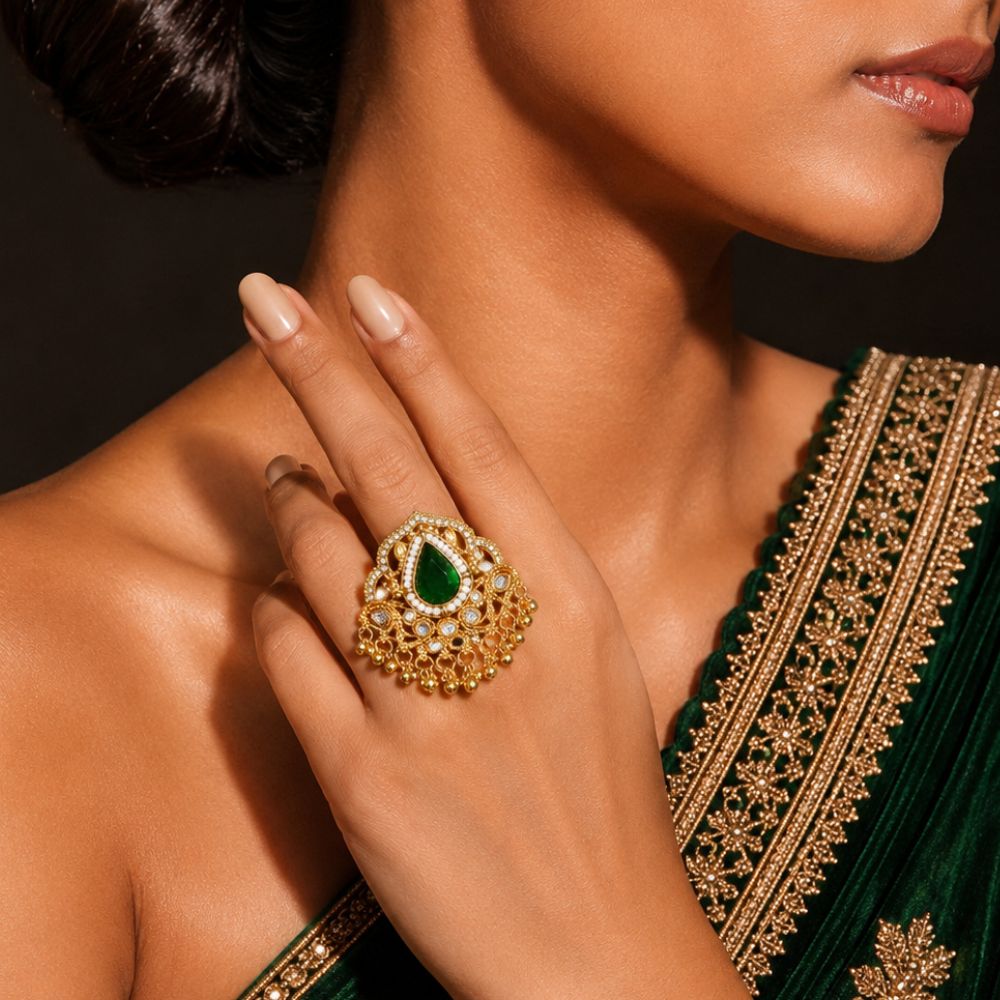Charvi- Green Teardrop Stone Heritage Latkan Ring