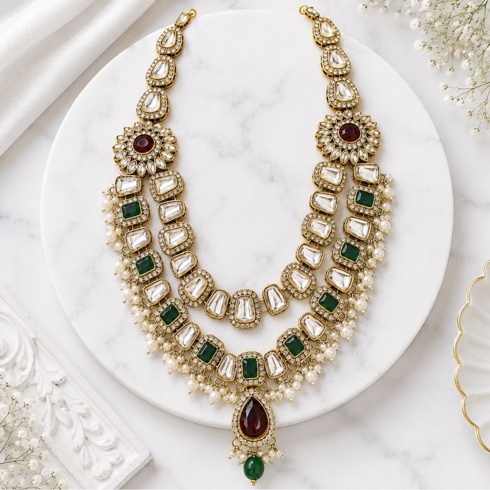 Dvaimatura- Maroon and Green Kundan Layered Mala for Ganpati