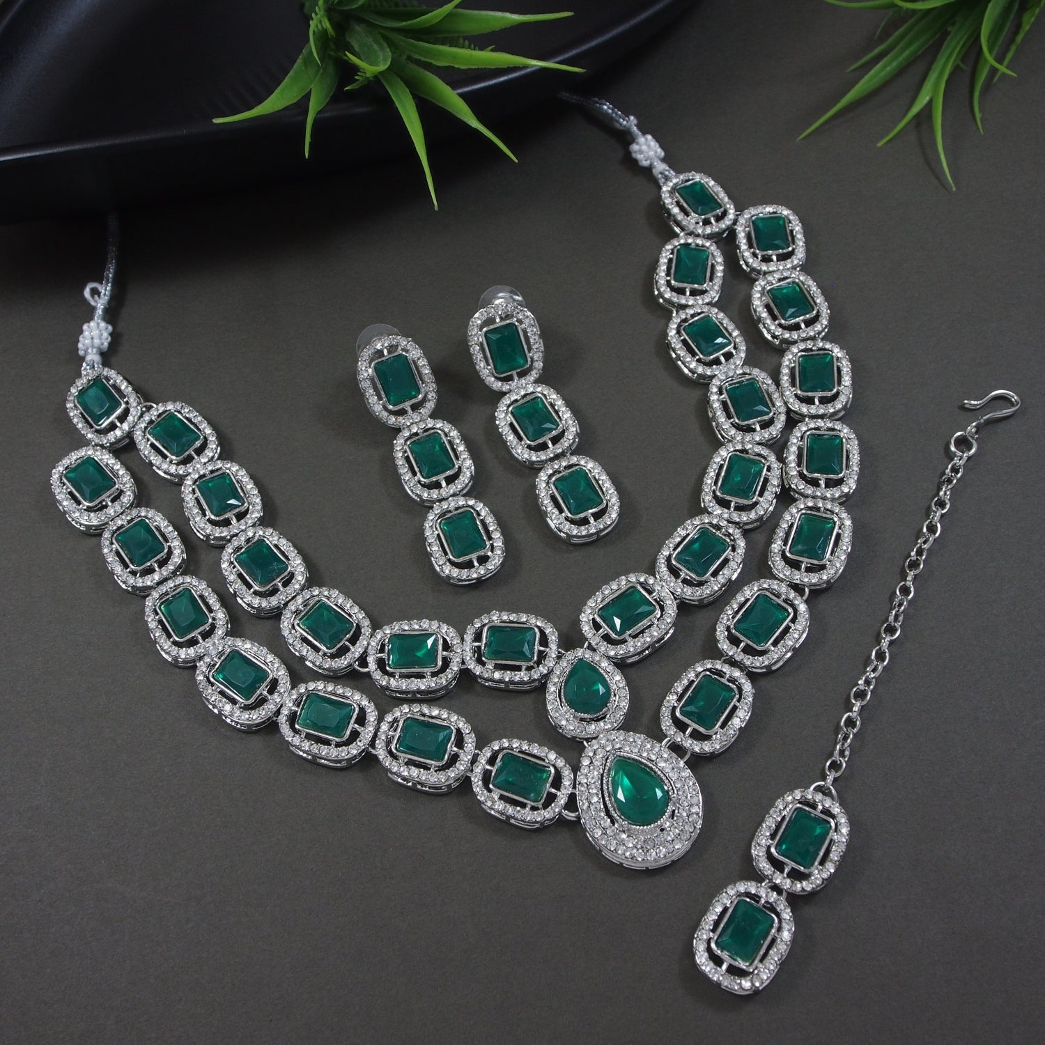 Parineeti Rhodium Emerald Necklace set