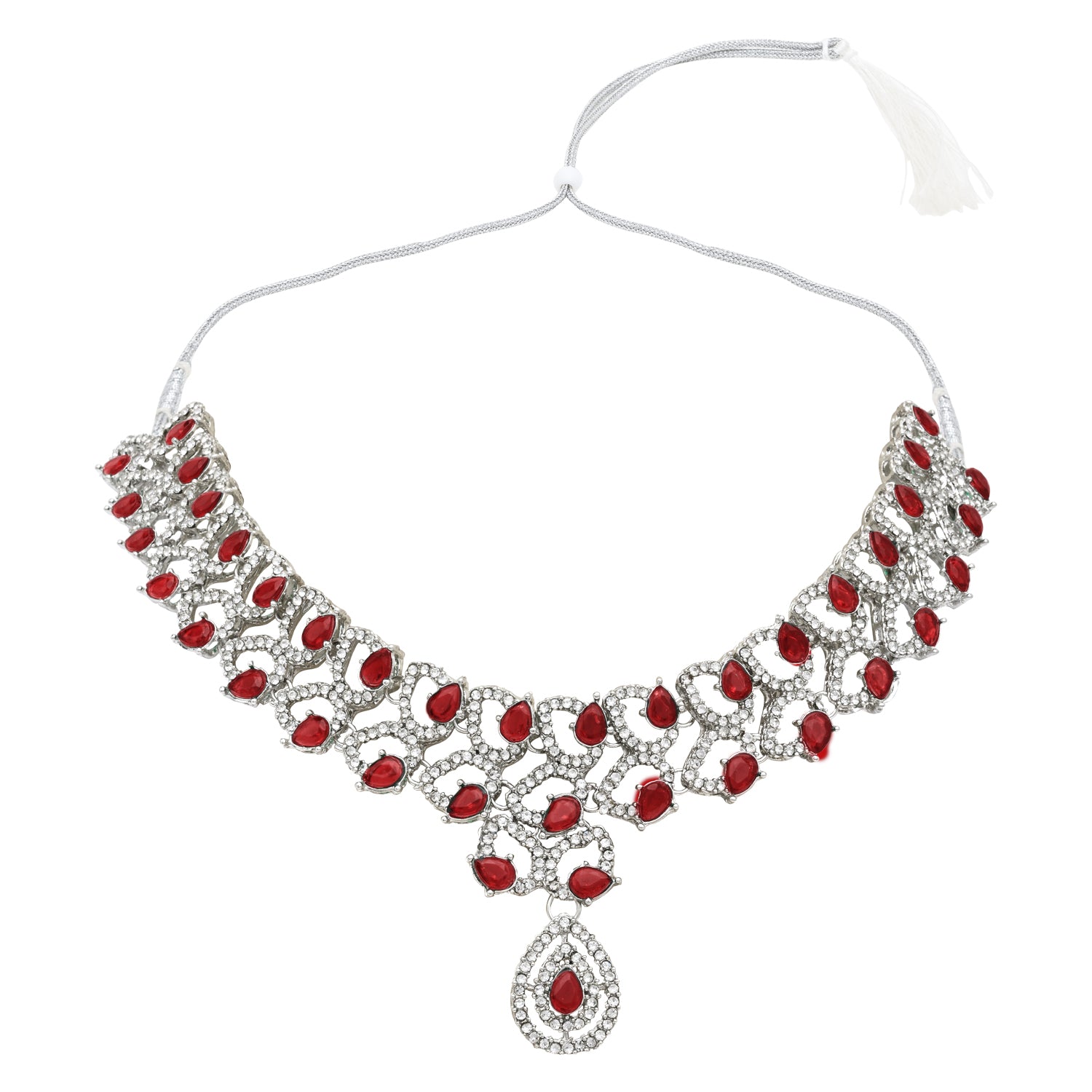 Avnaya Silver Maroon Necklace Set