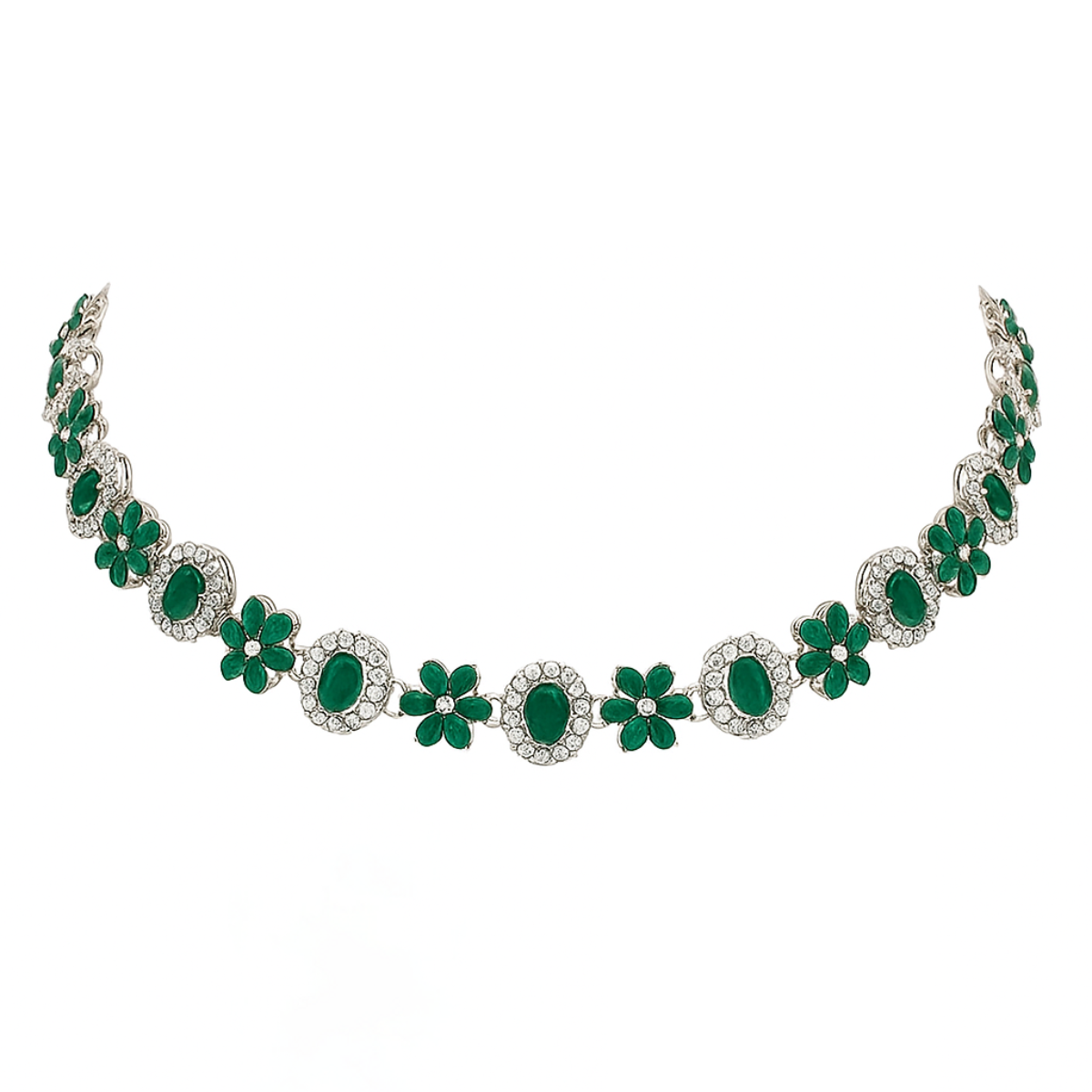 Rishwika Silver Green Necklace Set