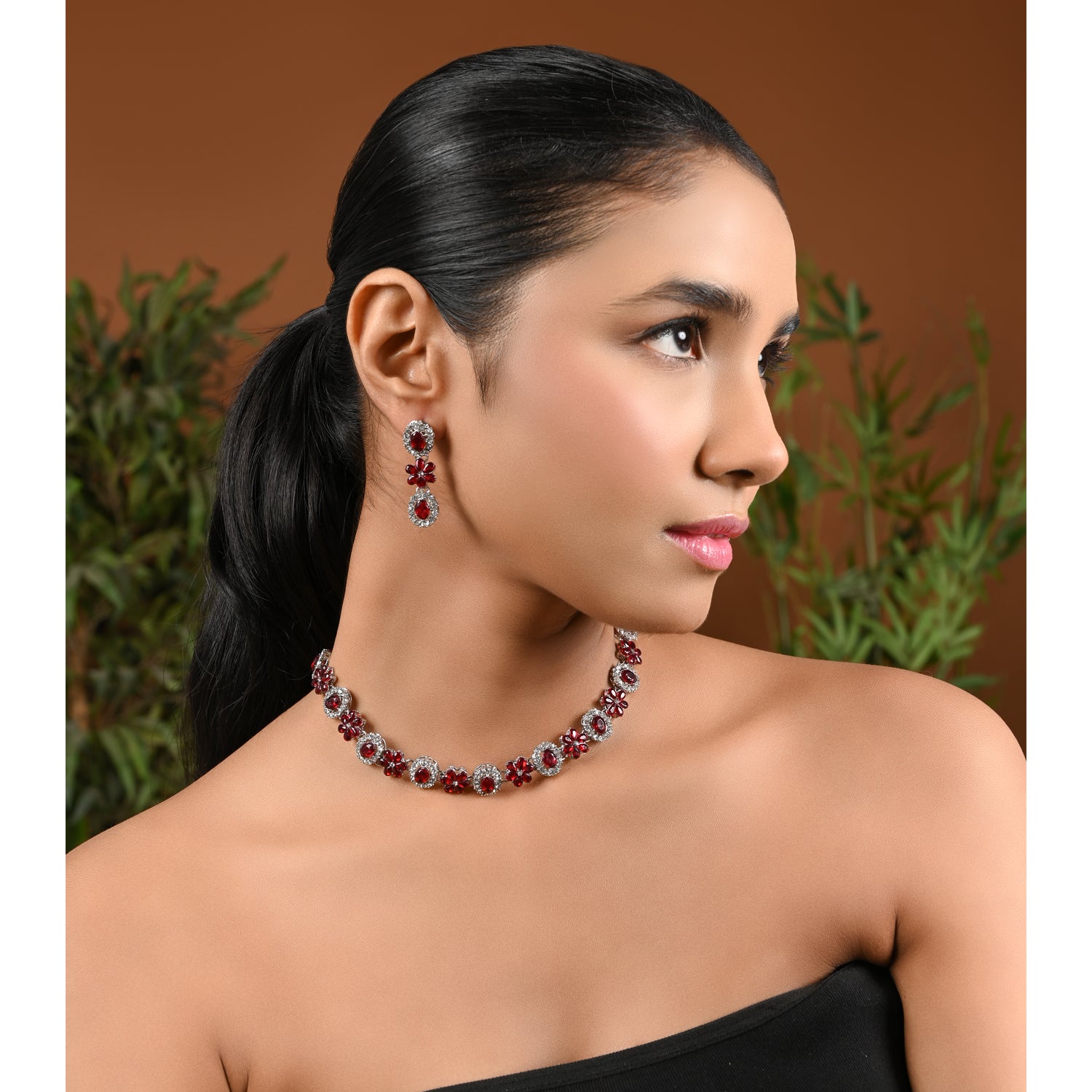 Rishwika Silver Maroon Necklace Set