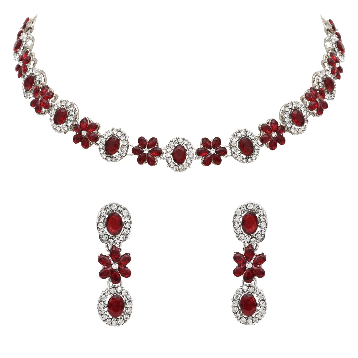 Rishwika Silver Maroon Necklace Set
