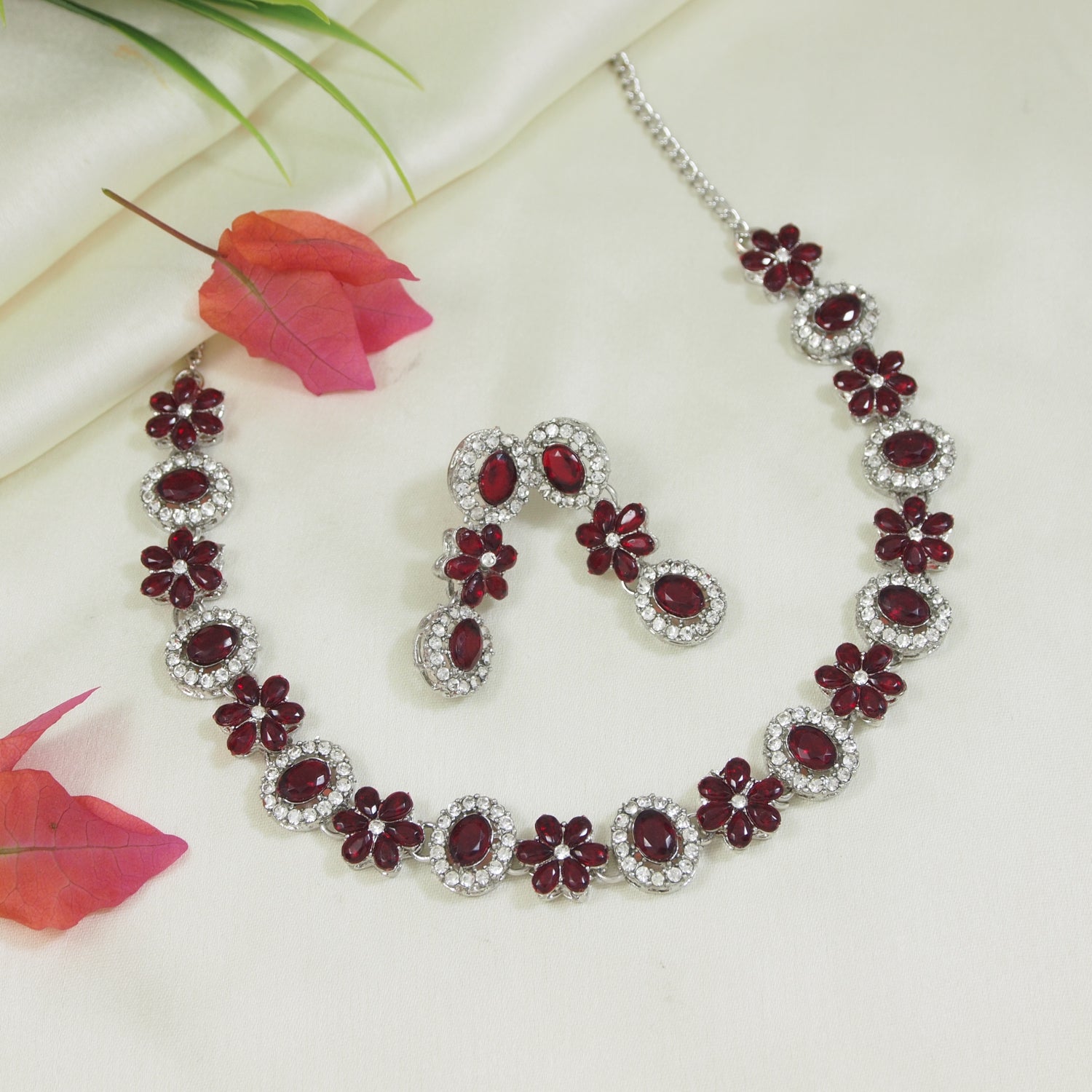 Rishwika Silver Maroon Necklace Set