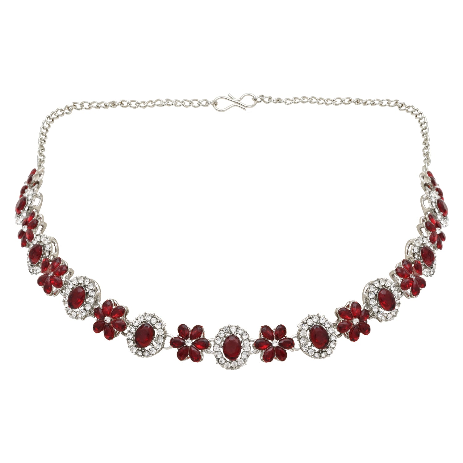Rishwika Silver Maroon Necklace Set