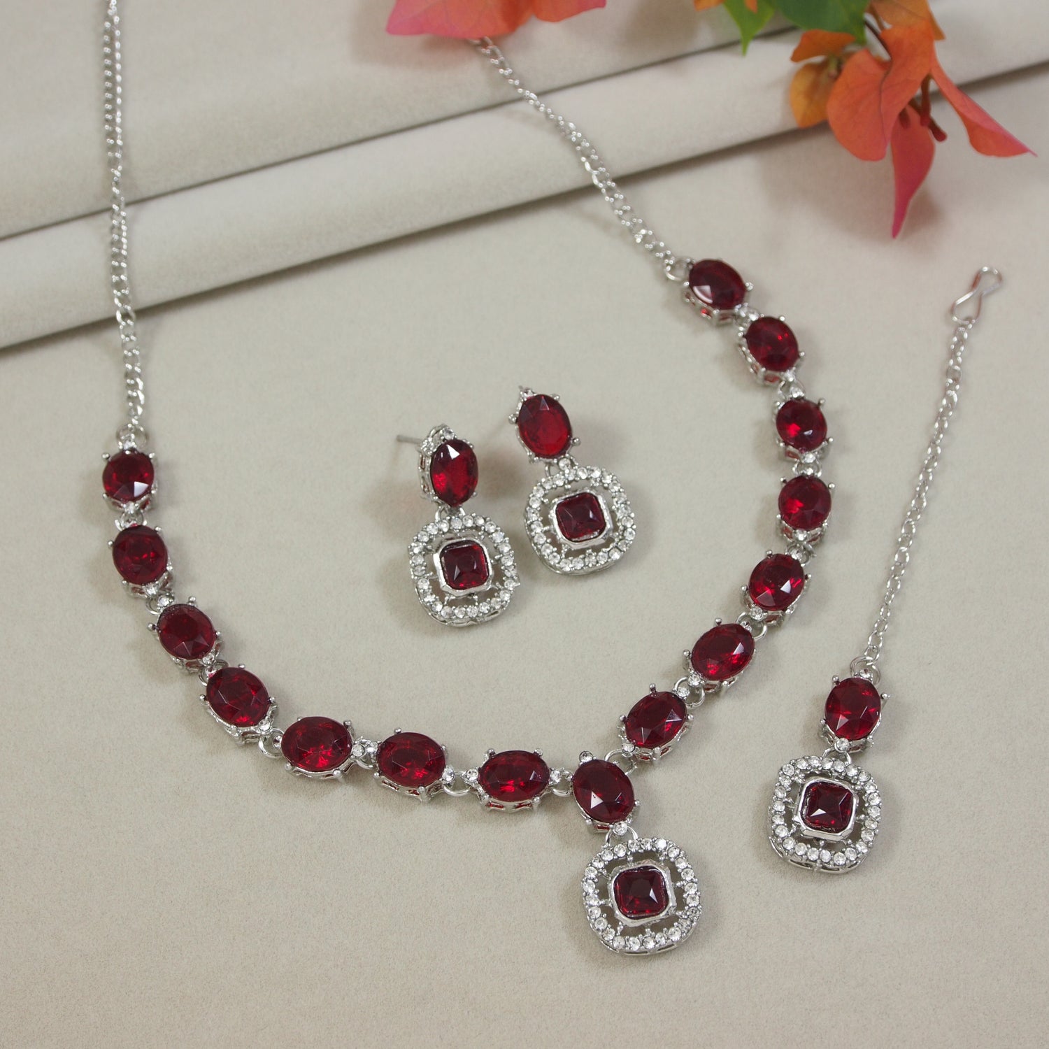 Sivanya Silver Maroon Necklace Set