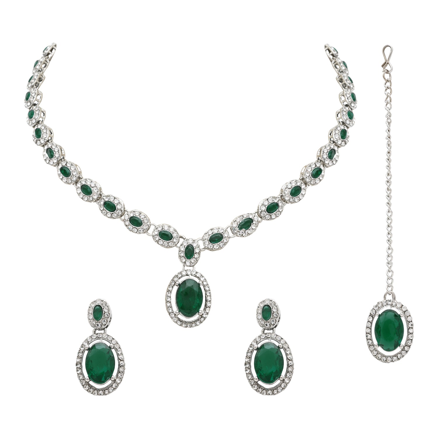 Zeyana Silver Green Necklace Set