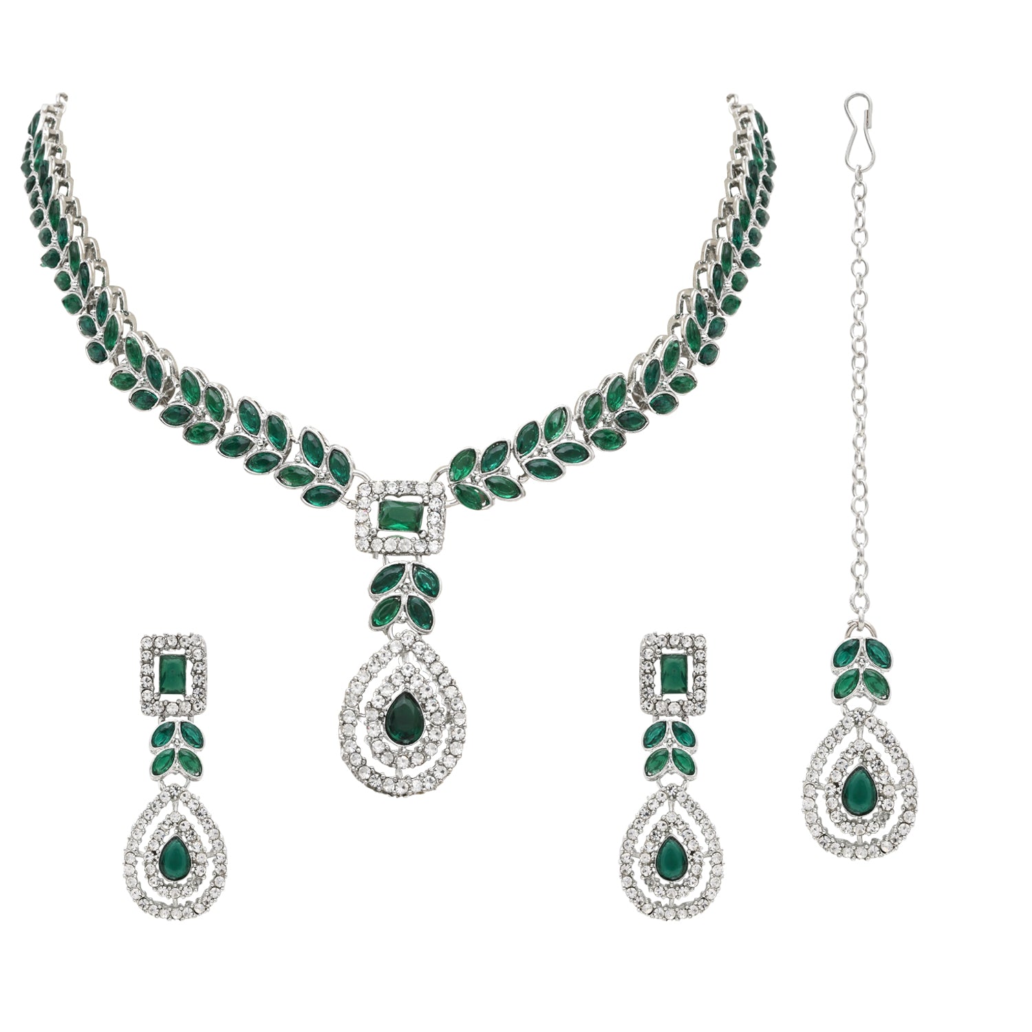 Kivisha Silver Green Necklace Set