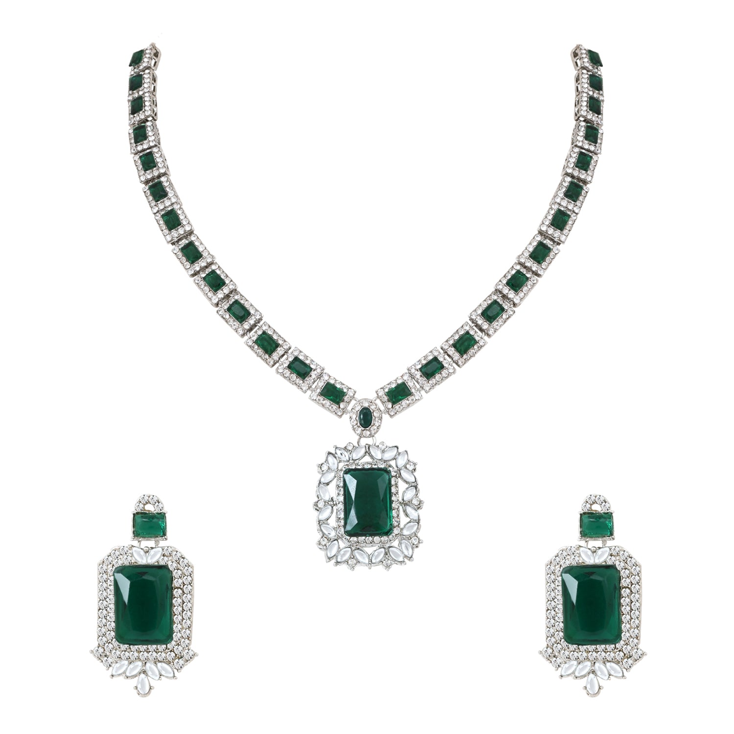 Vrinaya Silver Green Necklace Set