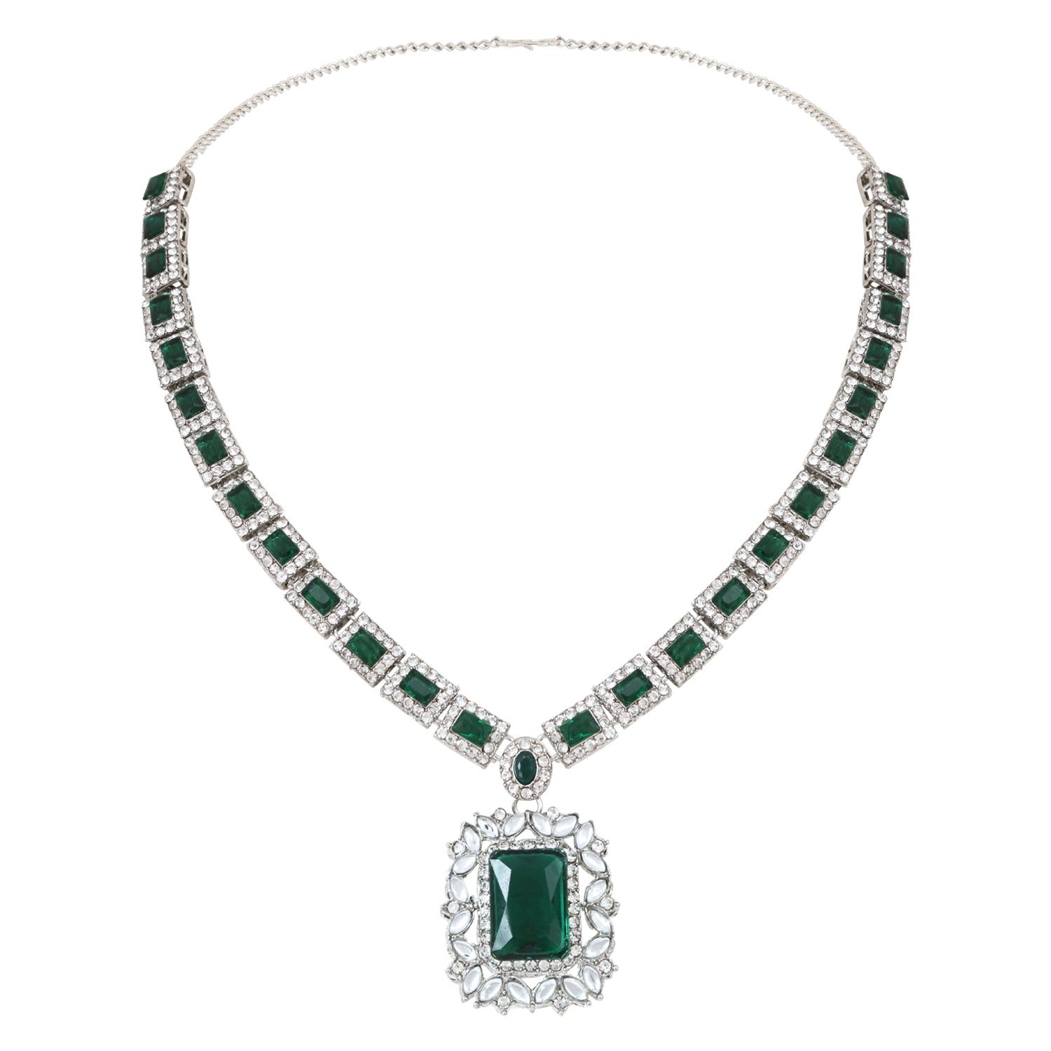 Vrinaya Silver Green Necklace Set