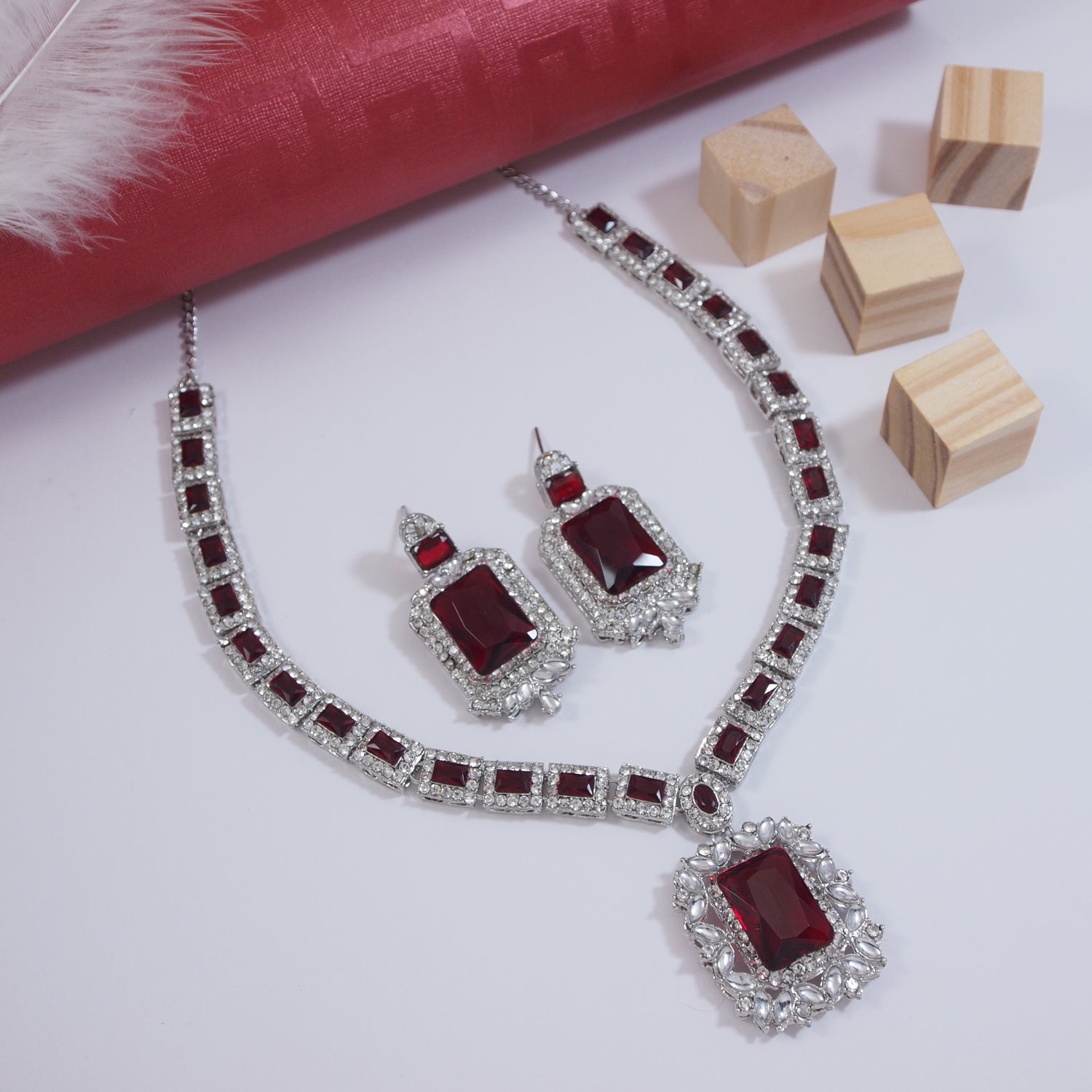 Vrinaya Silver Maroon Necklace Set