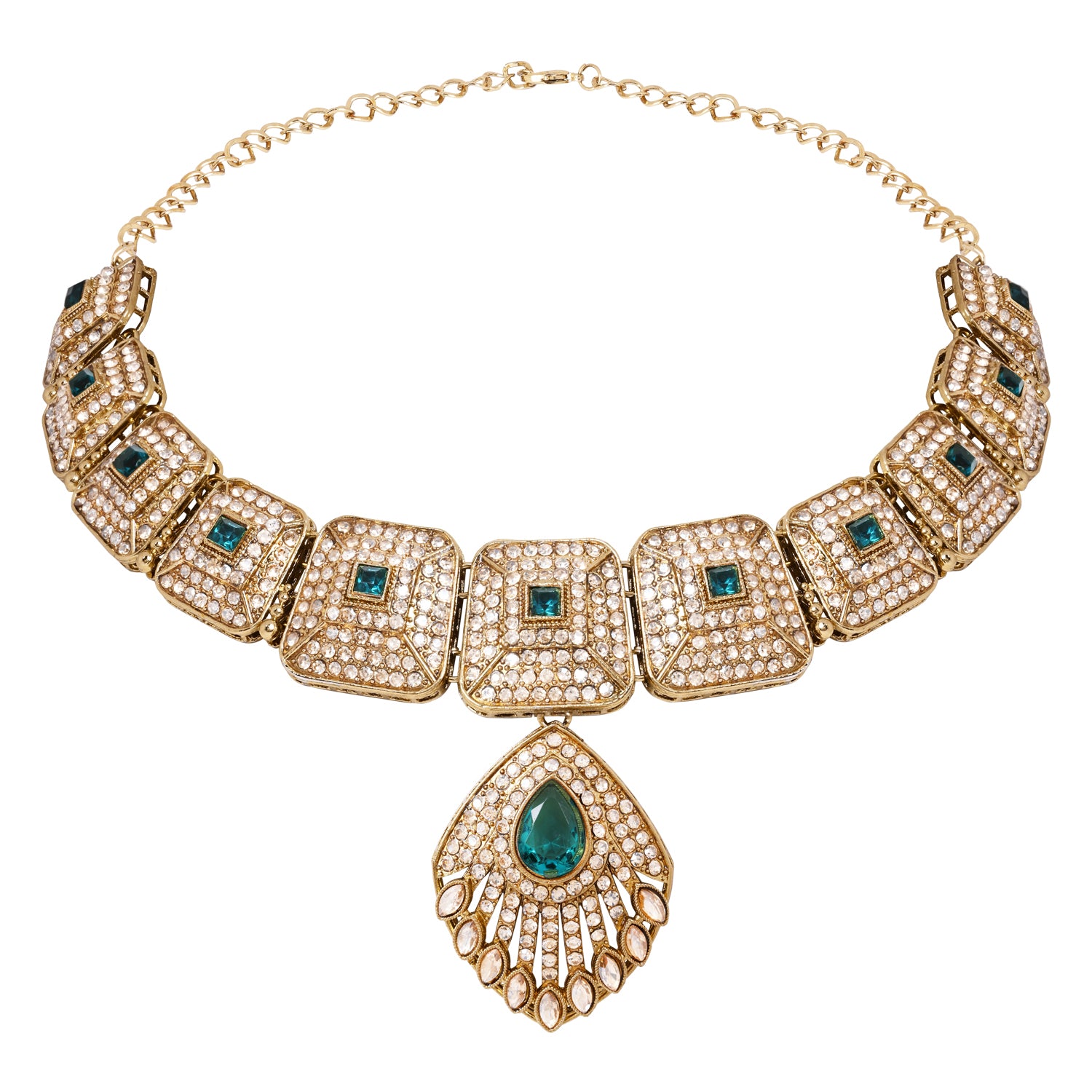 Qiyara - Pure Green Antique Temple Necklace Set