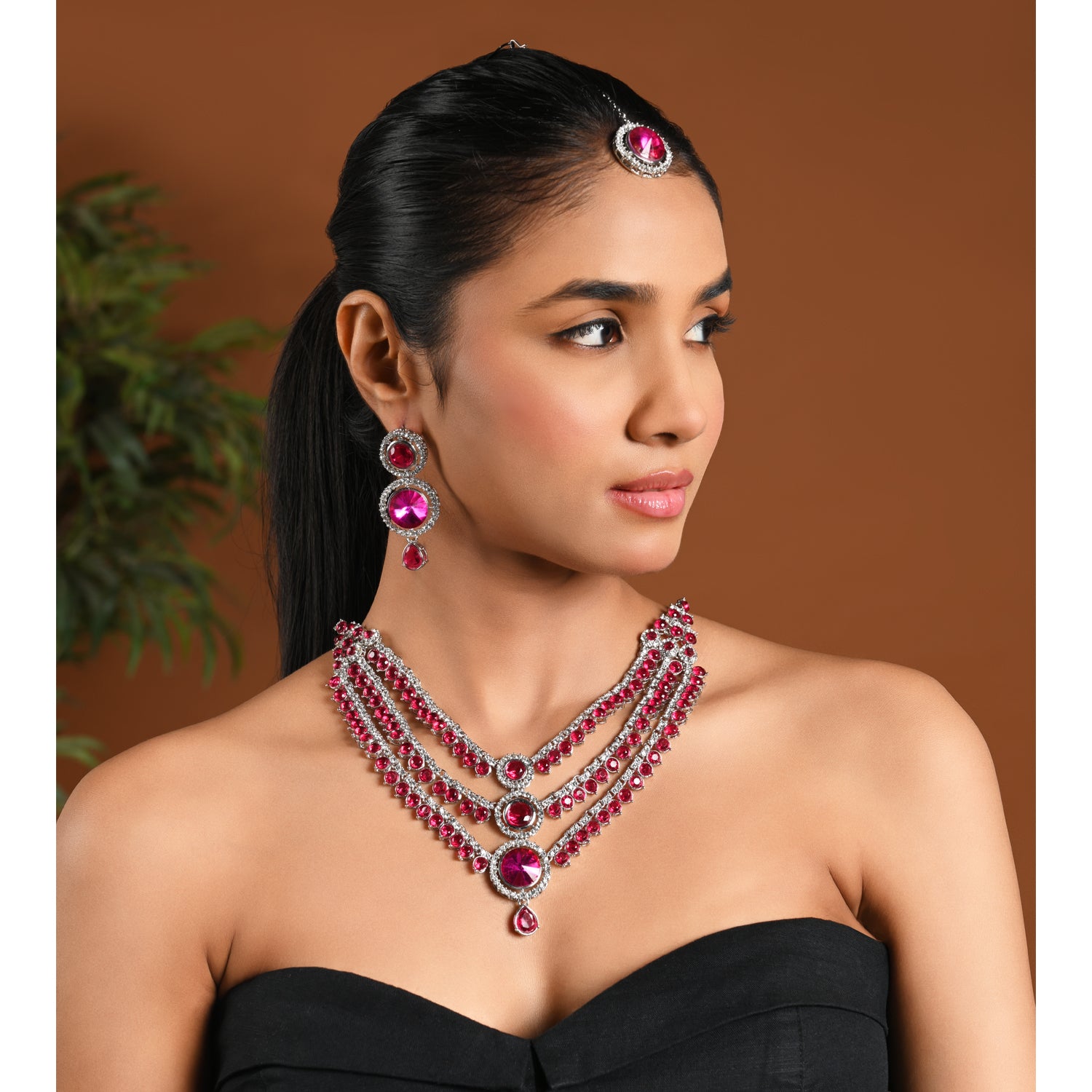 Lipsa - Emerald PinK Silver Plated Necklace Set