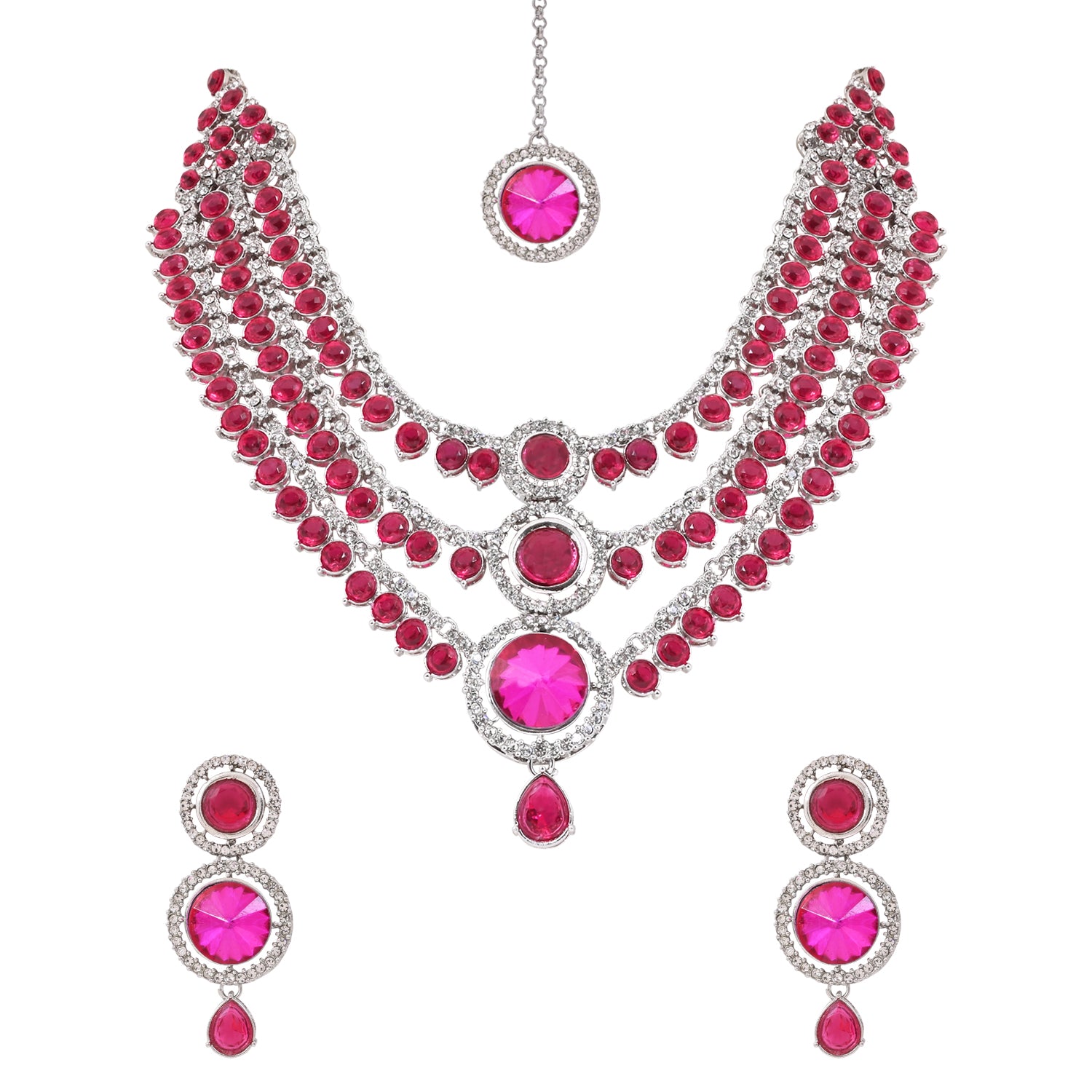 Lipsa - Emerald PinK Silver Plated Necklace Set