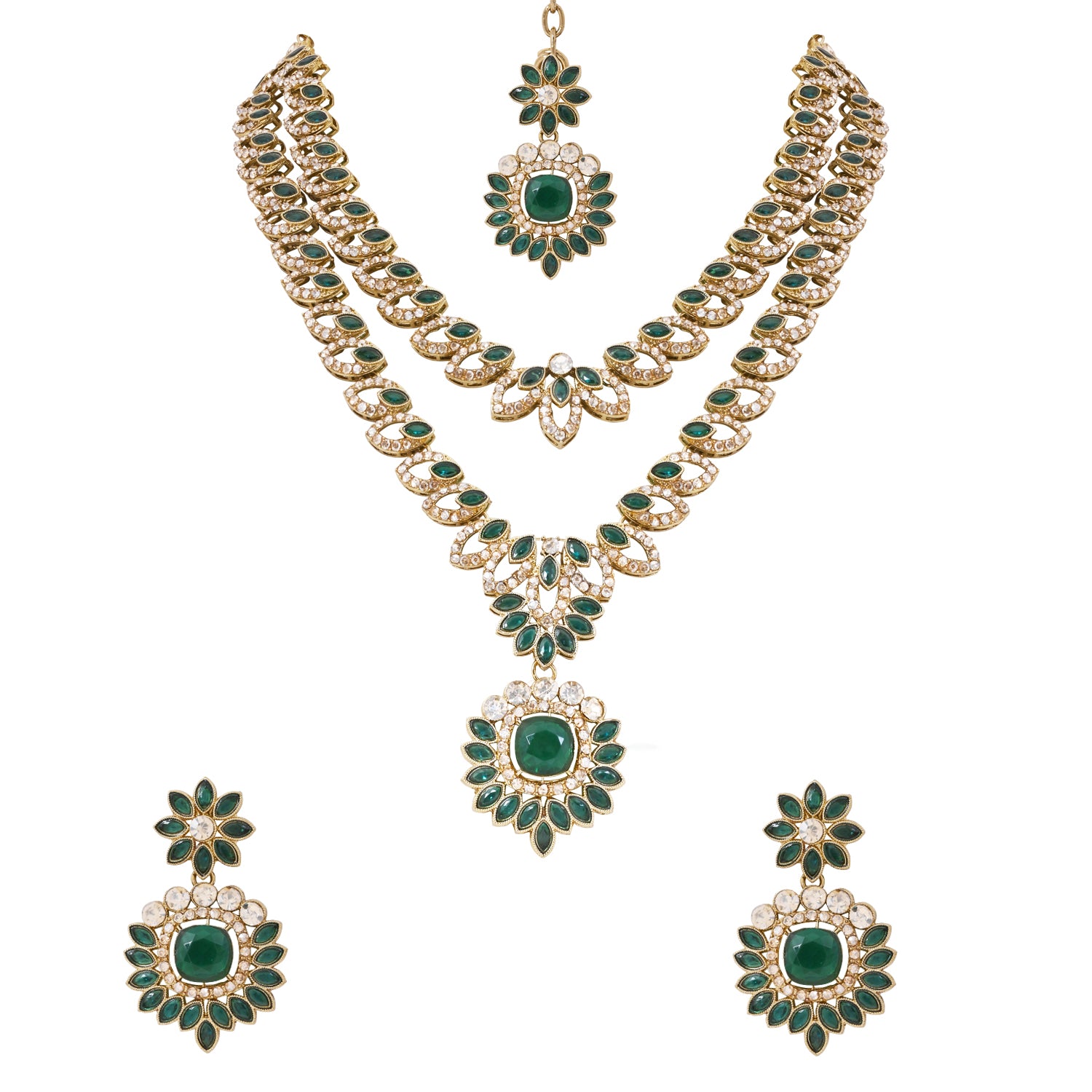 Ashvika - Emerald Green Gold Plated Dual Layer Necklace Set