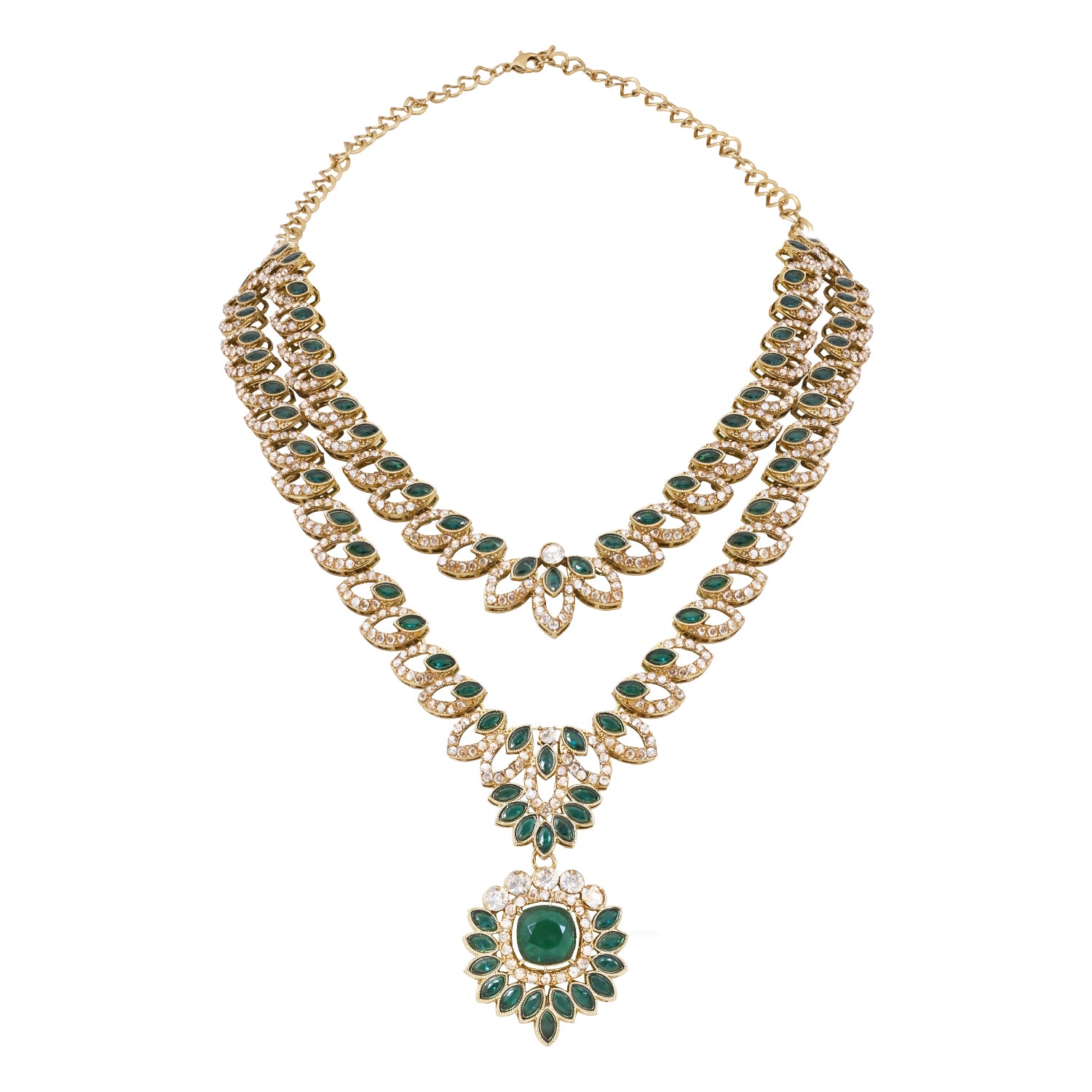Ashvika - Emerald Green Gold Plated Dual Layer Necklace Set