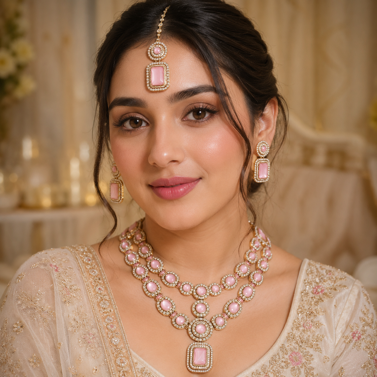 Divyani - Pink Kundan Statement Necklace Set