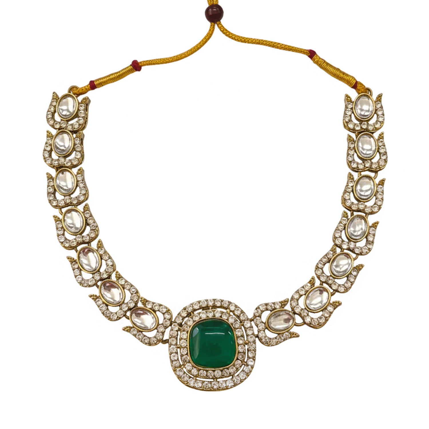 Rosalind- Emerald Kundan-Style Gold-Tone Necklace Set with Maang Tikka