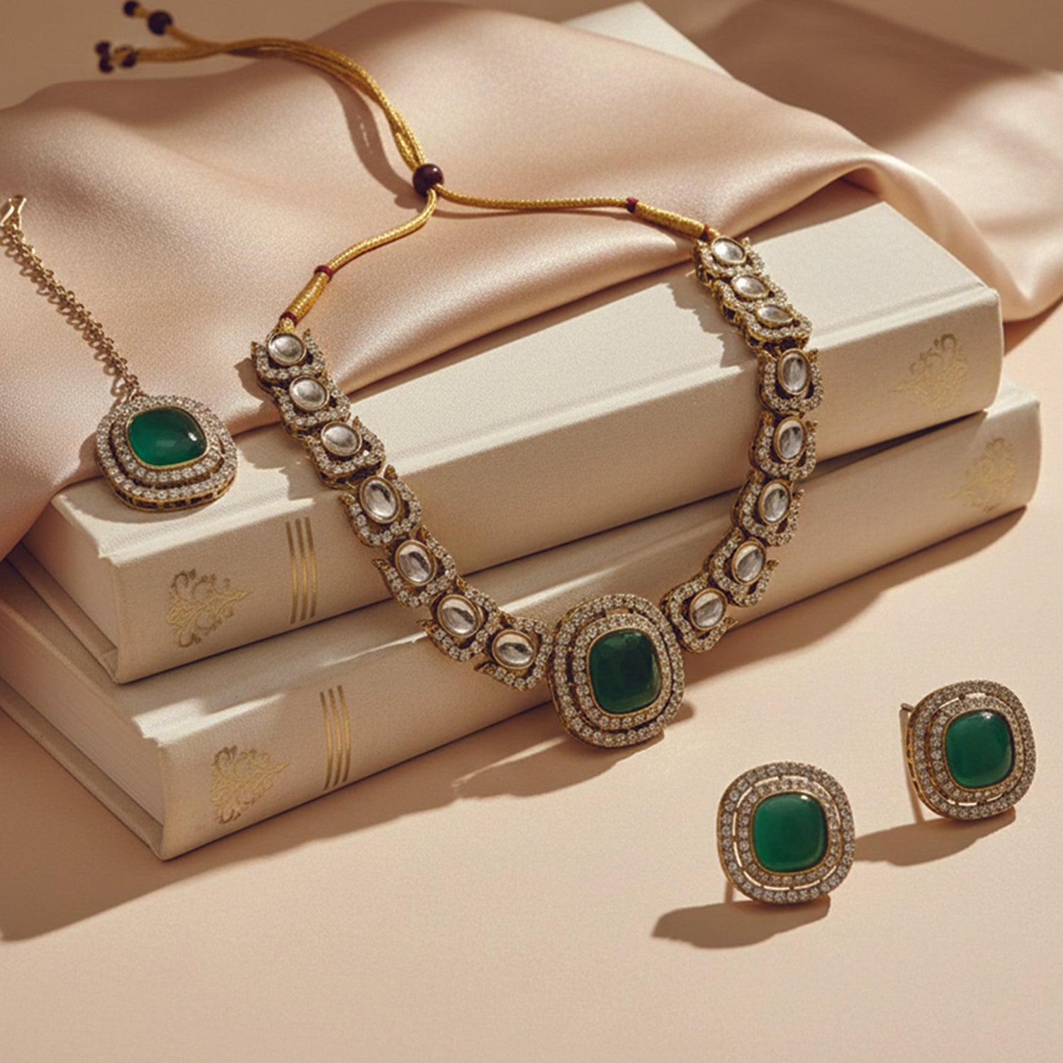 Rosalind- Emerald Kundan-Style Gold-Tone Necklace Set with Maang Tikka