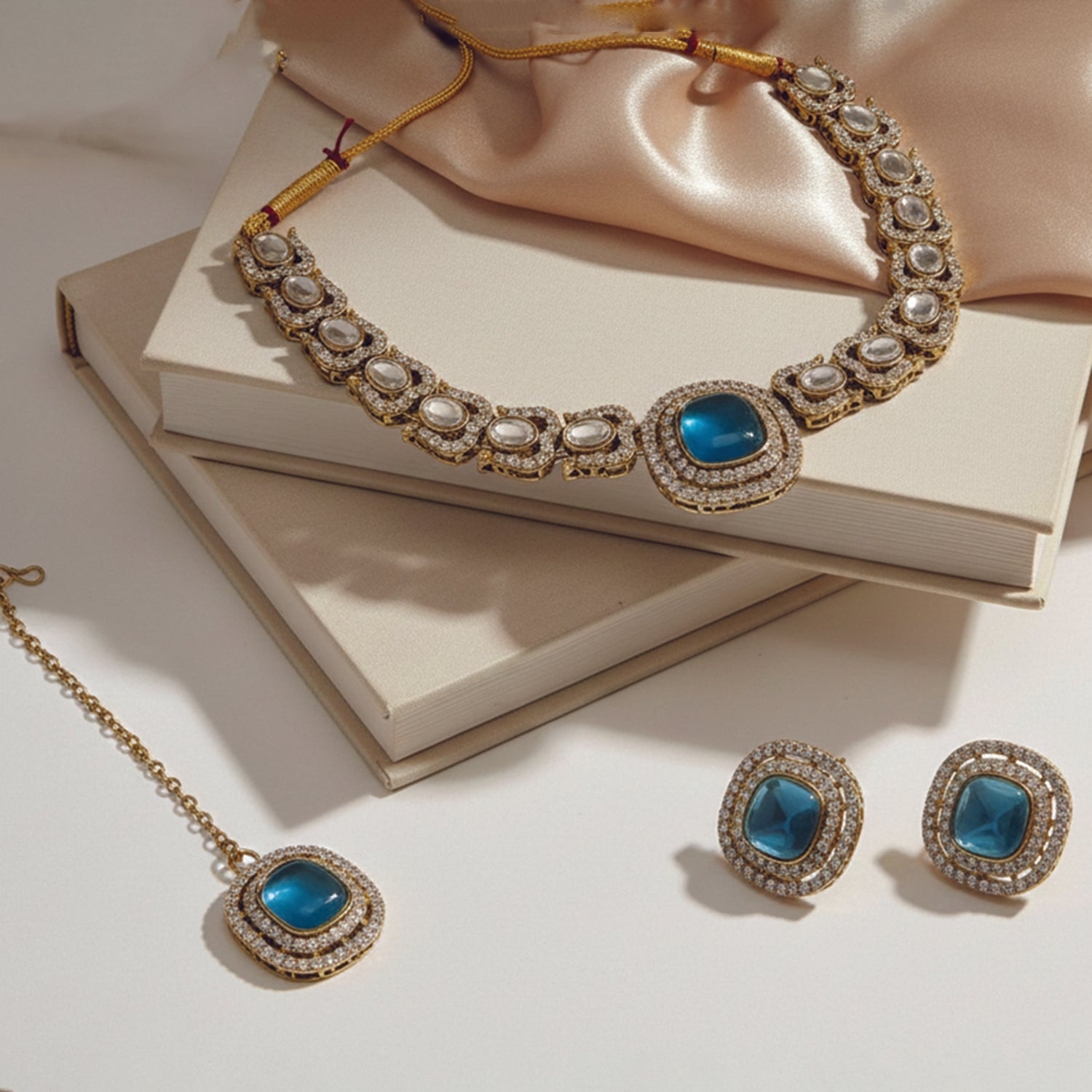 Rosalind-Montana Kundan-Style Gold-Tone Necklace Set with Maang Tikka