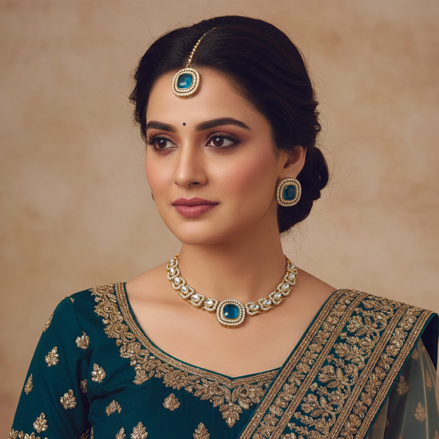 Rosalind-Montana Kundan-Style Gold-Tone Necklace Set with Maang Tikka