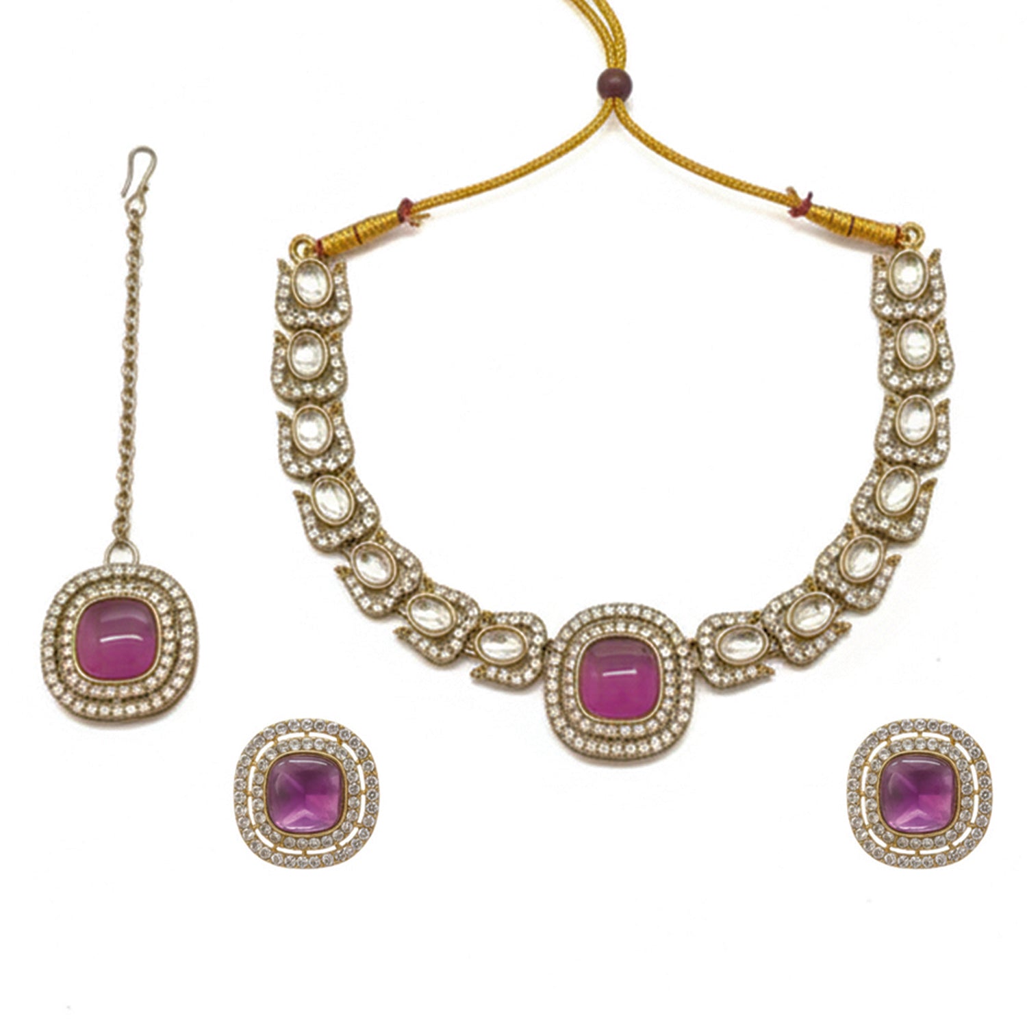 Rosalind- Wine Kundan-Style Gold-Tone Necklace Set with Maang Tikka