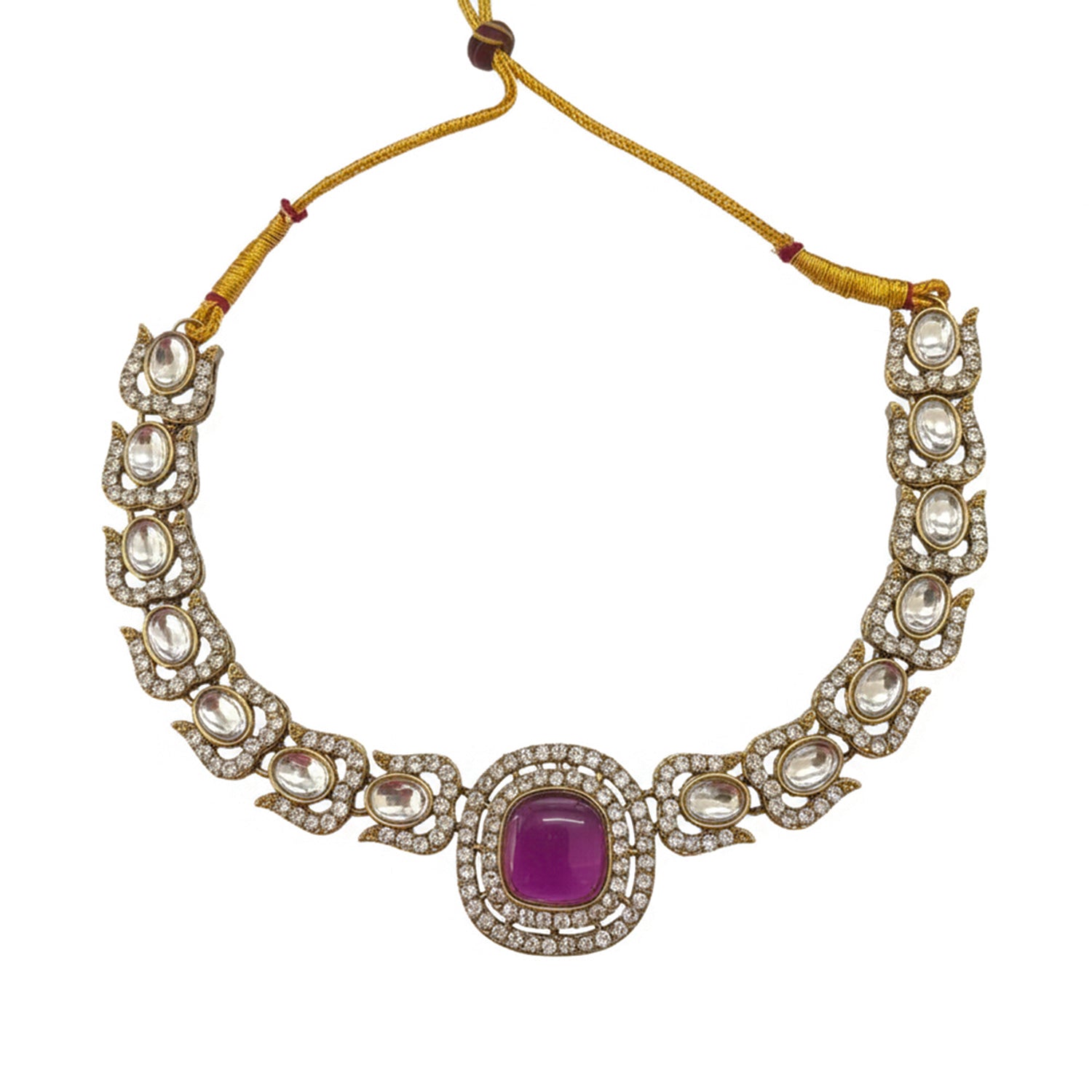 Rosalind- Wine Kundan-Style Gold-Tone Necklace Set with Maang Tikka