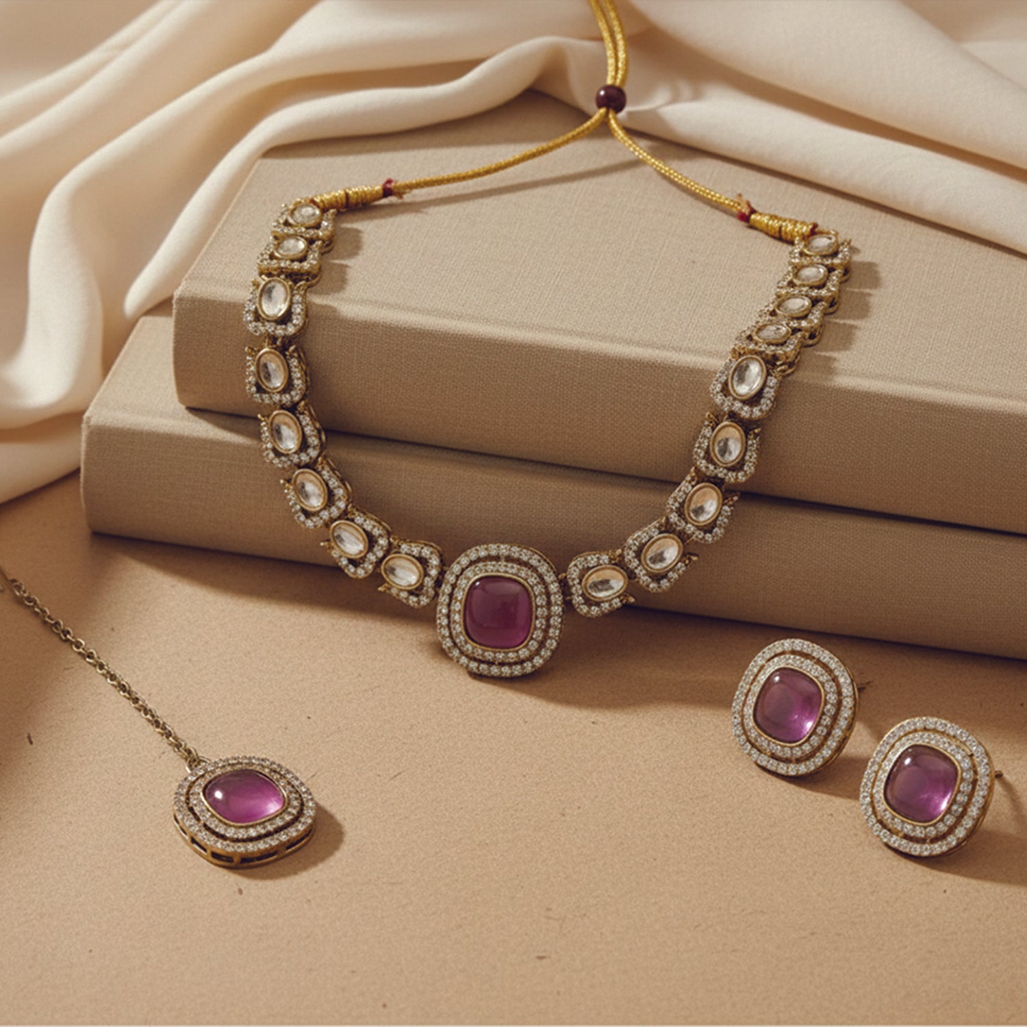 Rosalind- Wine Kundan-Style Gold-Tone Necklace Set with Maang Tikka