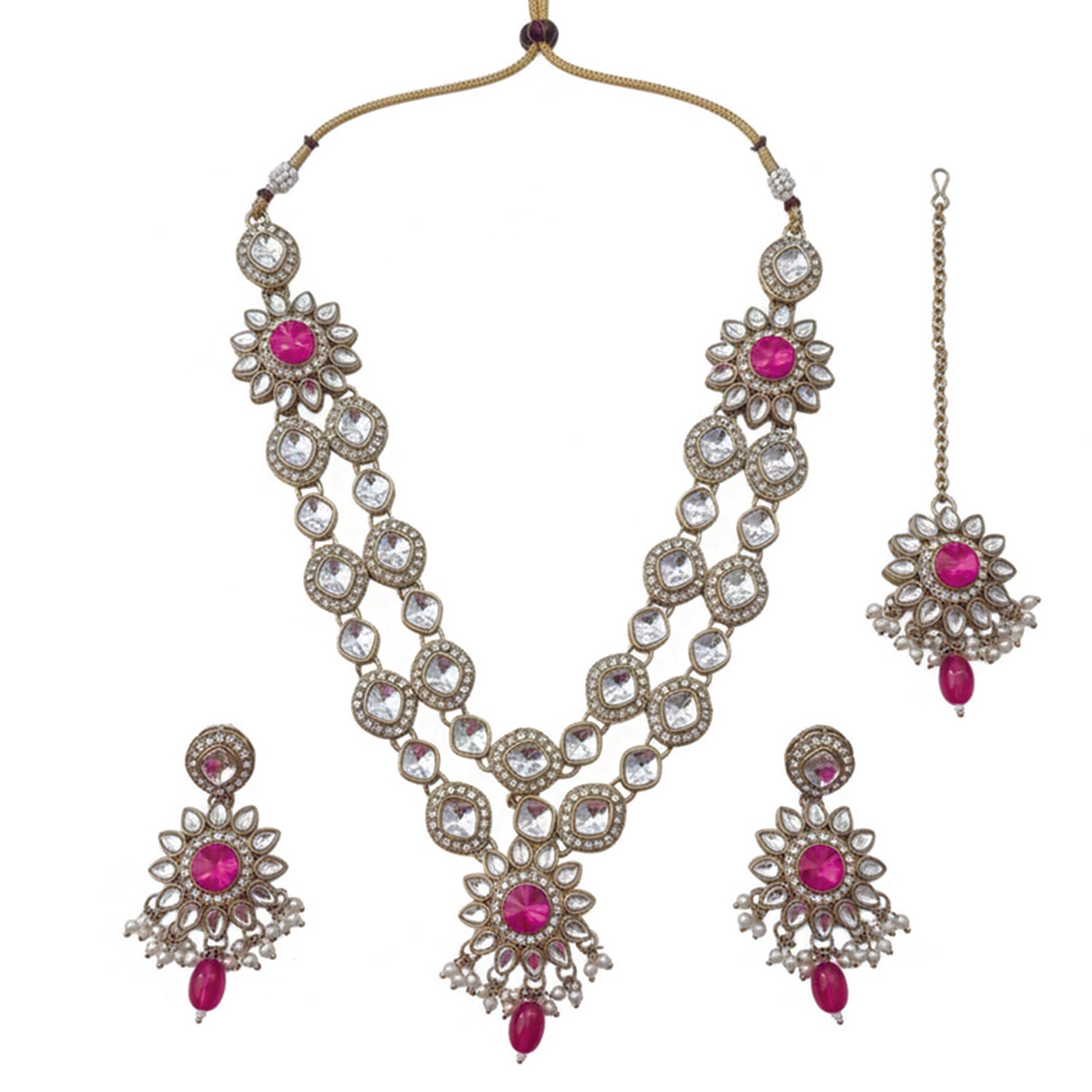 Maya- Traditional Dark Pink & Crystal Halo Necklace Set with Maang Tikka