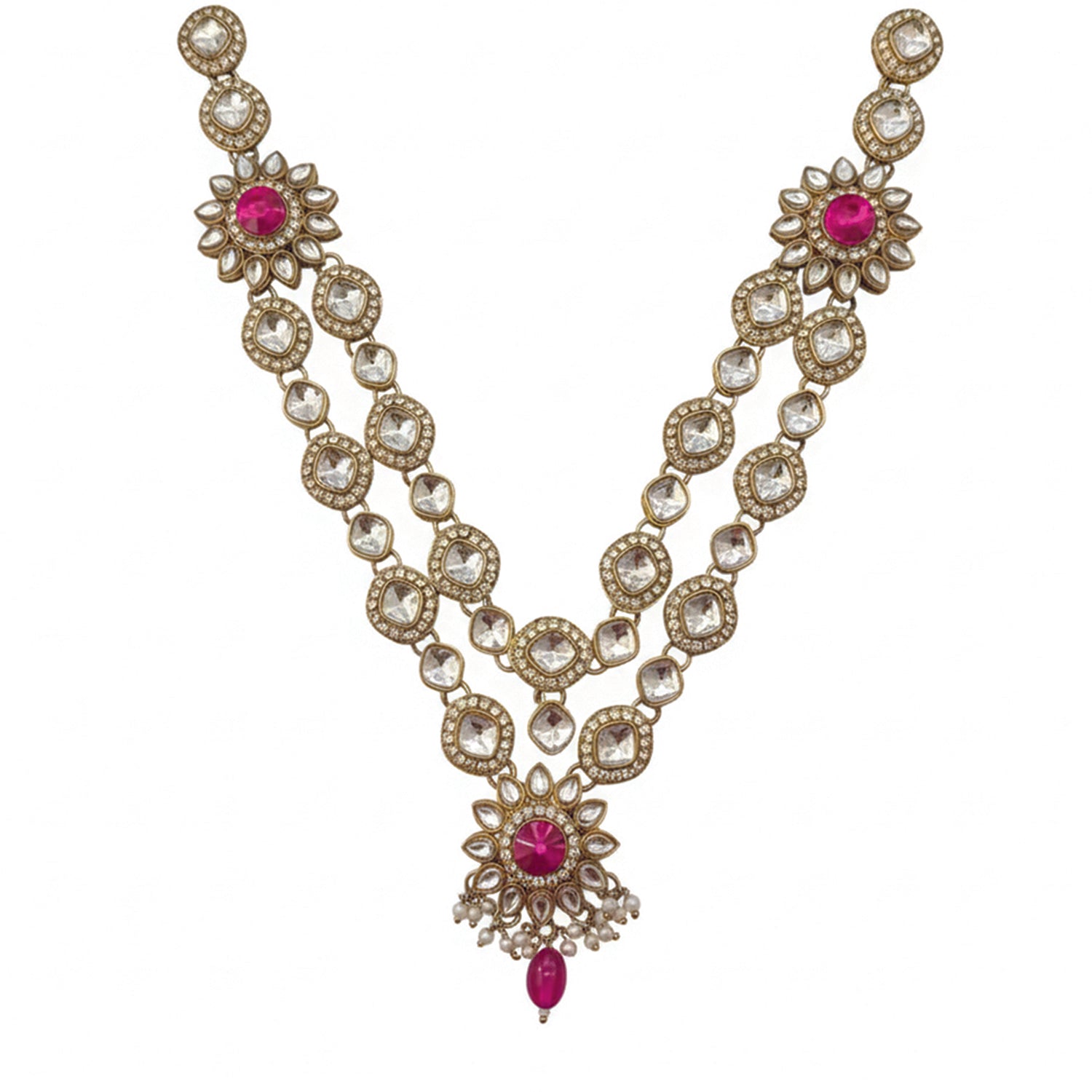 Maya- Traditional Dark Pink & Crystal Halo Necklace Set with Maang Tikka