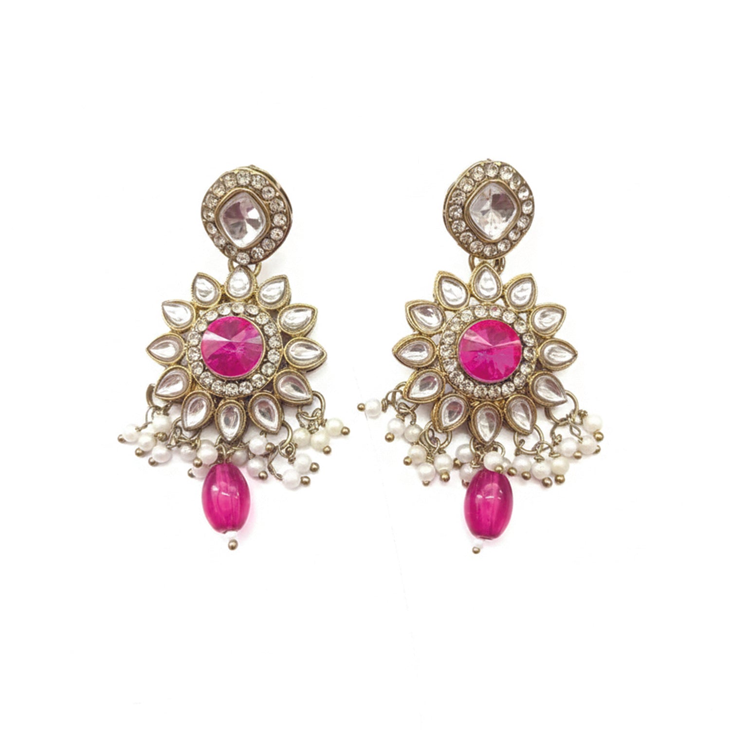 Maya- Traditional Dark Pink & Crystal Halo Necklace Set with Maang Tikka
