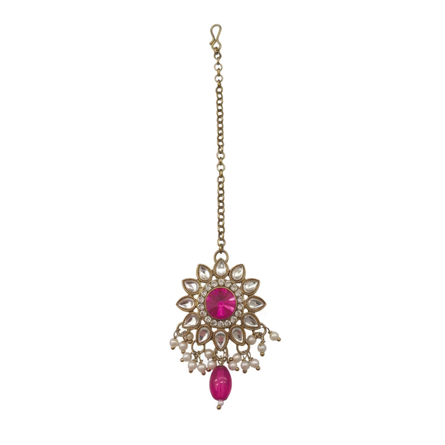 Maya- Traditional Dark Pink & Crystal Halo Necklace Set with Maang Tikka