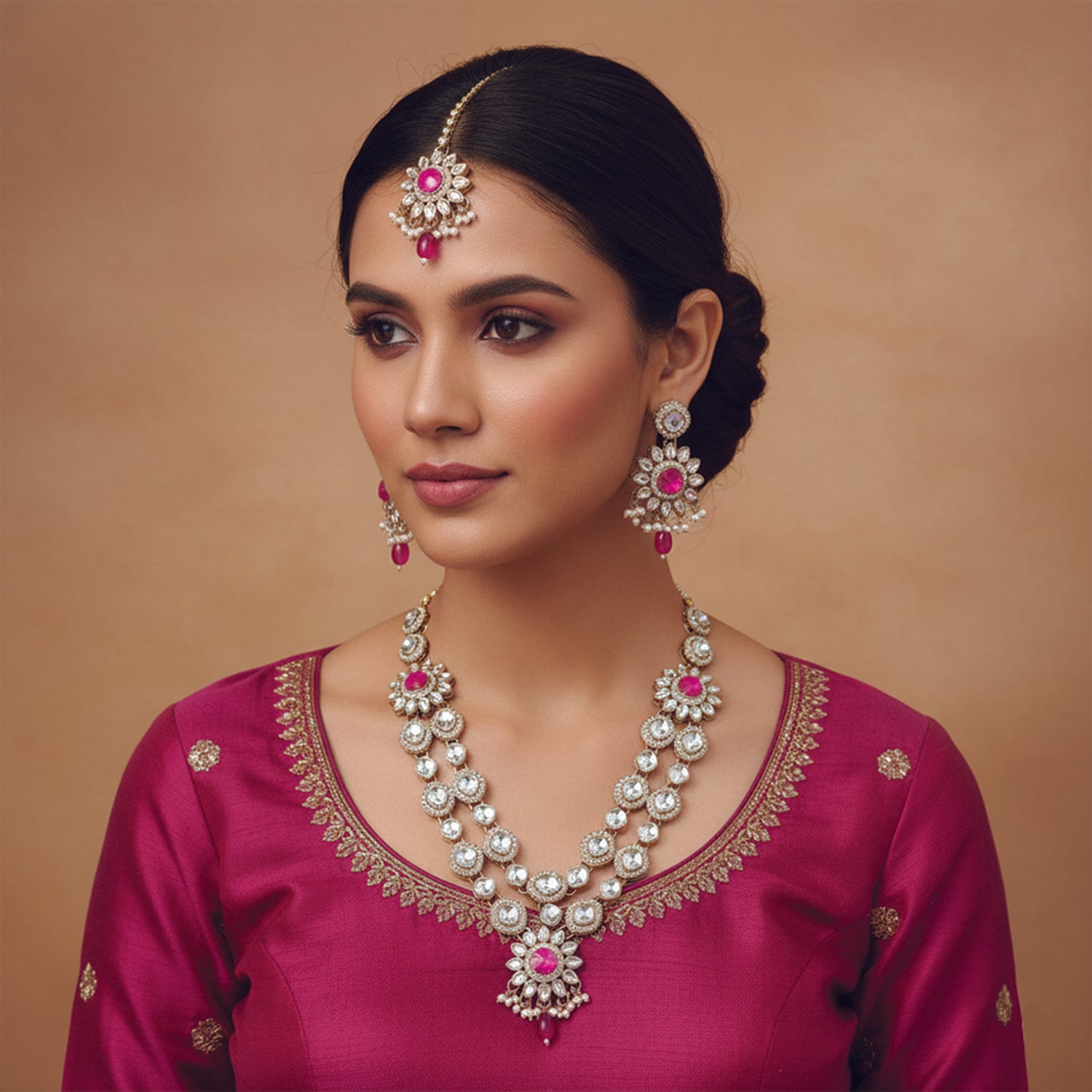Maya- Traditional Dark Pink & Crystal Halo Necklace Set with Maang Tikka
