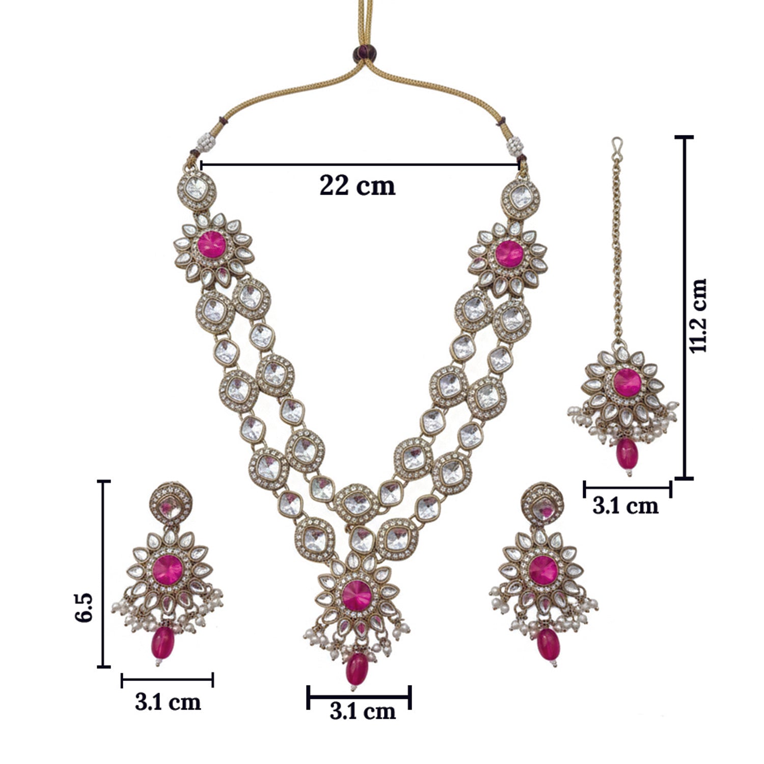 Maya- Traditional Dark Pink & Crystal Halo Necklace Set with Maang Tikka