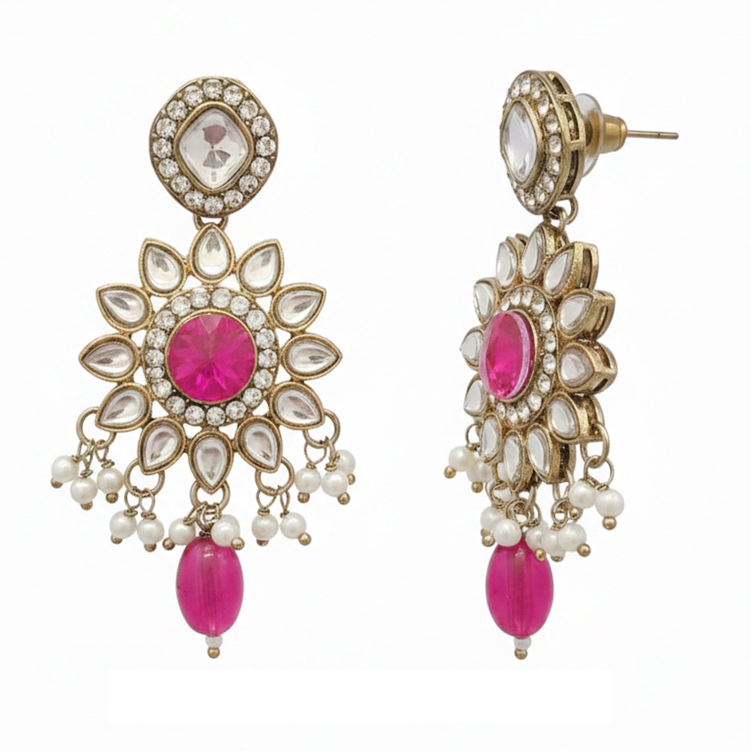Maya- Traditional Dark Pink & Crystal Halo Necklace Set with Maang Tikka