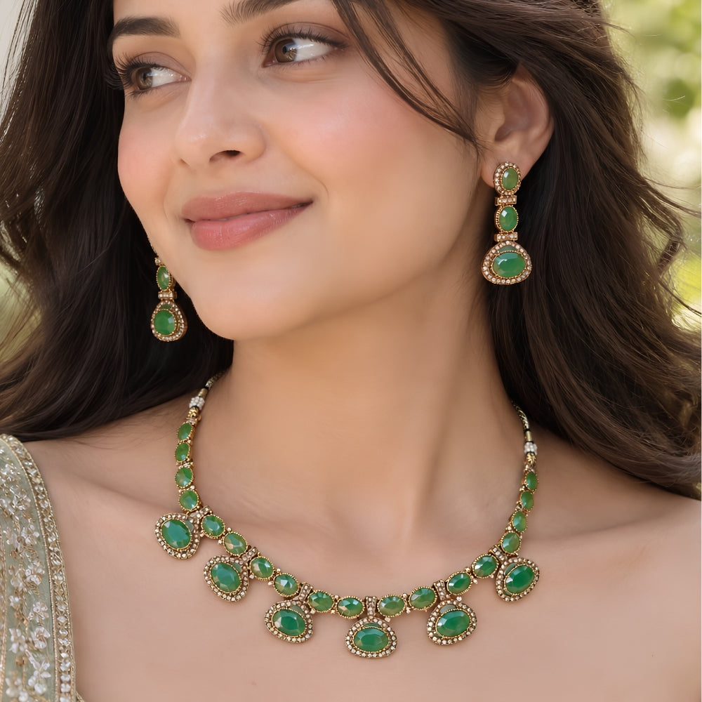 Aarvi - Emerald Kundan Inspired Stone Necklace Set with Earrings